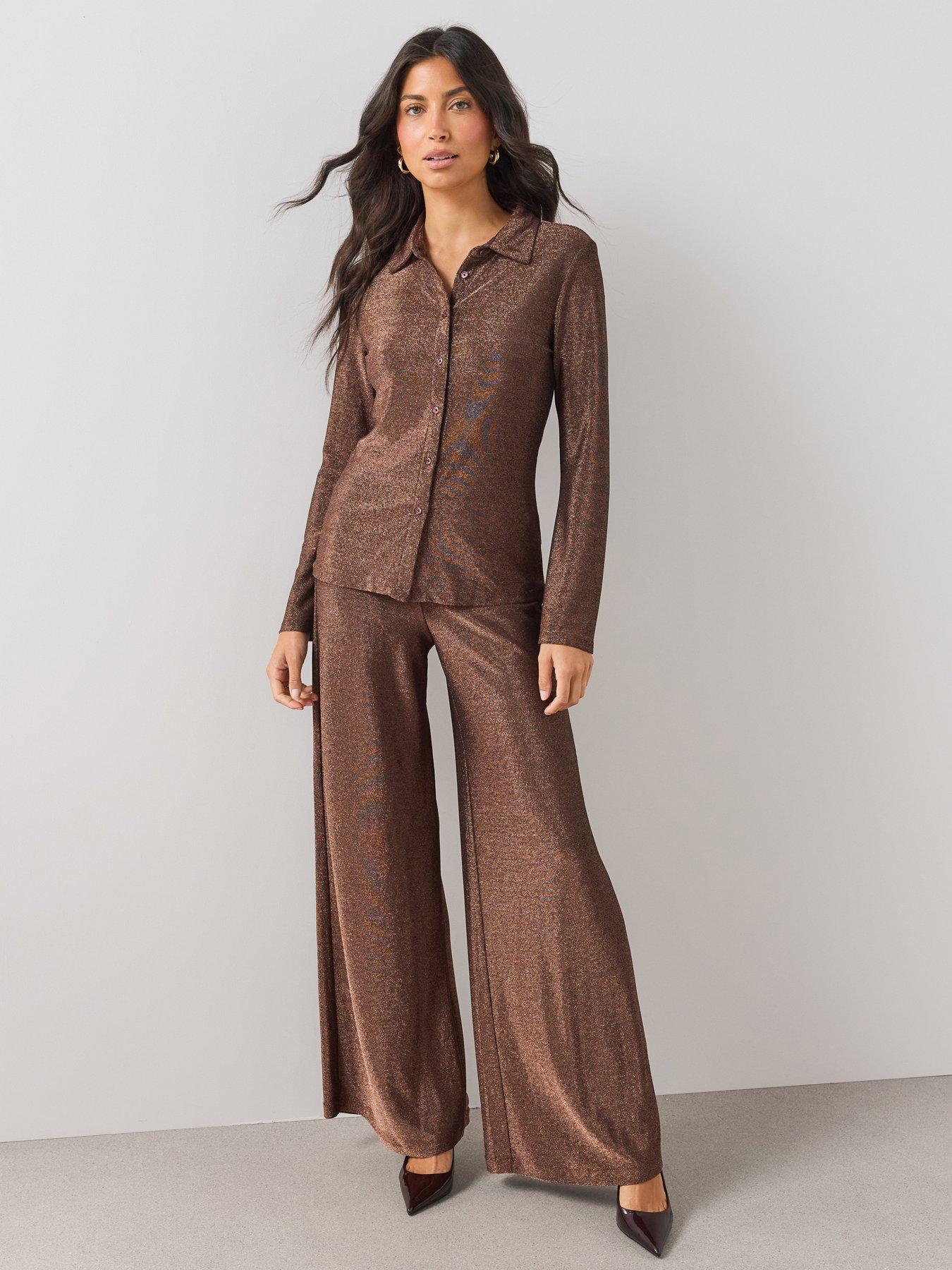 Image 1 of 7 of The Very Collection Womens Wide Leg Lurex Trouser Co-Ord - Brown