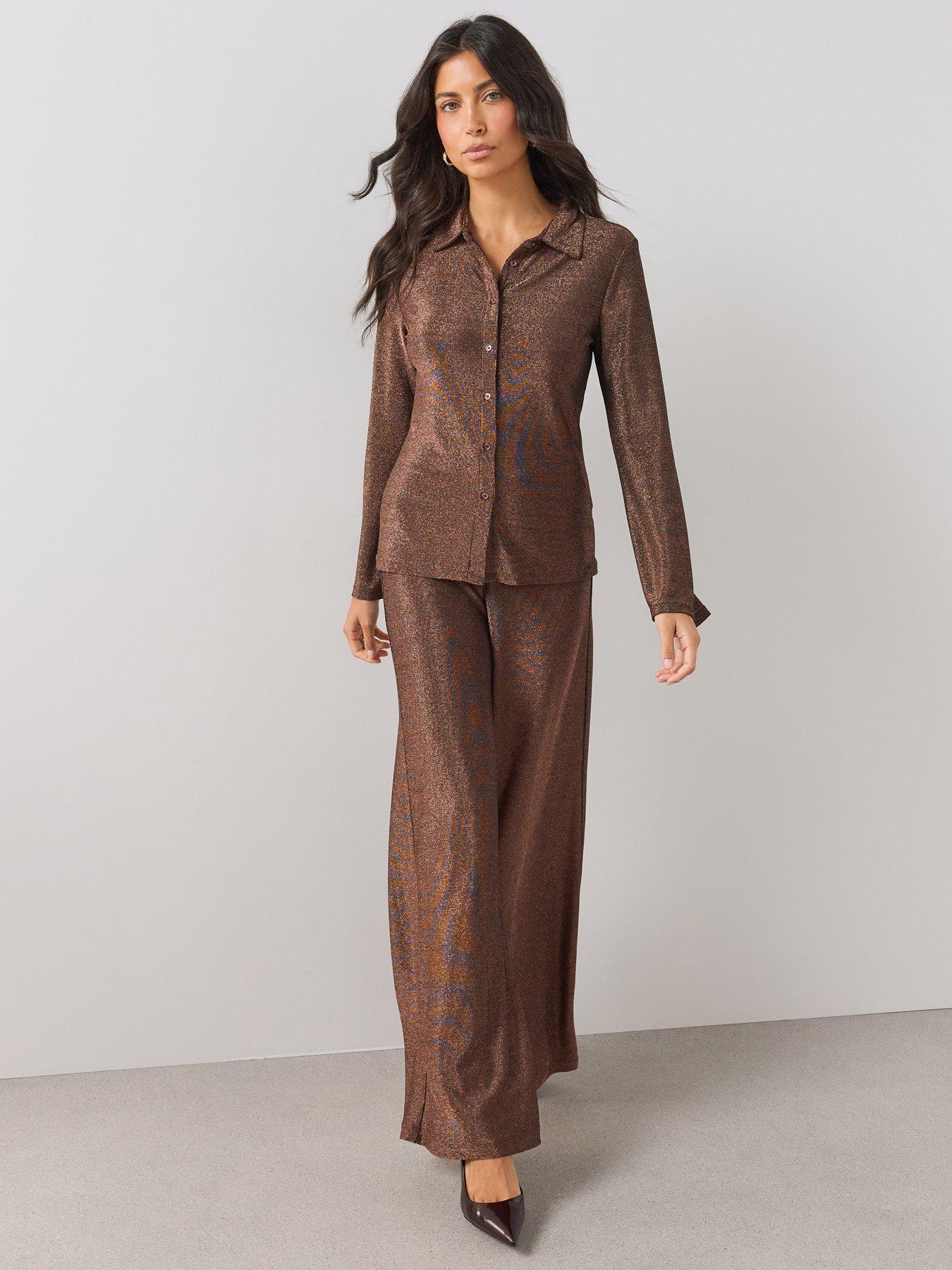 Image 3 of 7 of The Very Collection Womens Wide Leg Lurex Trouser Co-Ord - Brown