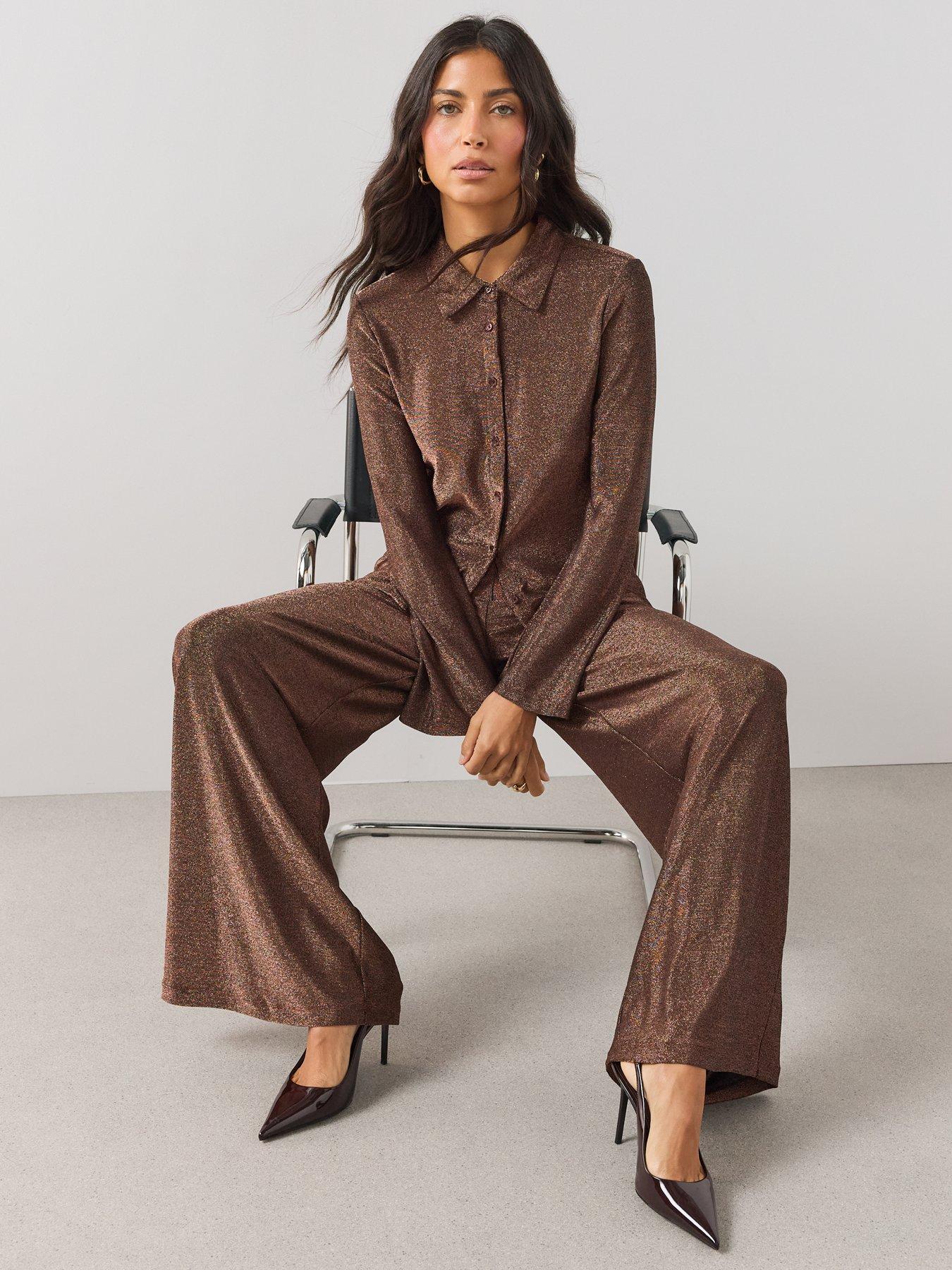Image 5 of 7 of The Very Collection Womens Wide Leg Lurex Trouser Co-Ord - Brown