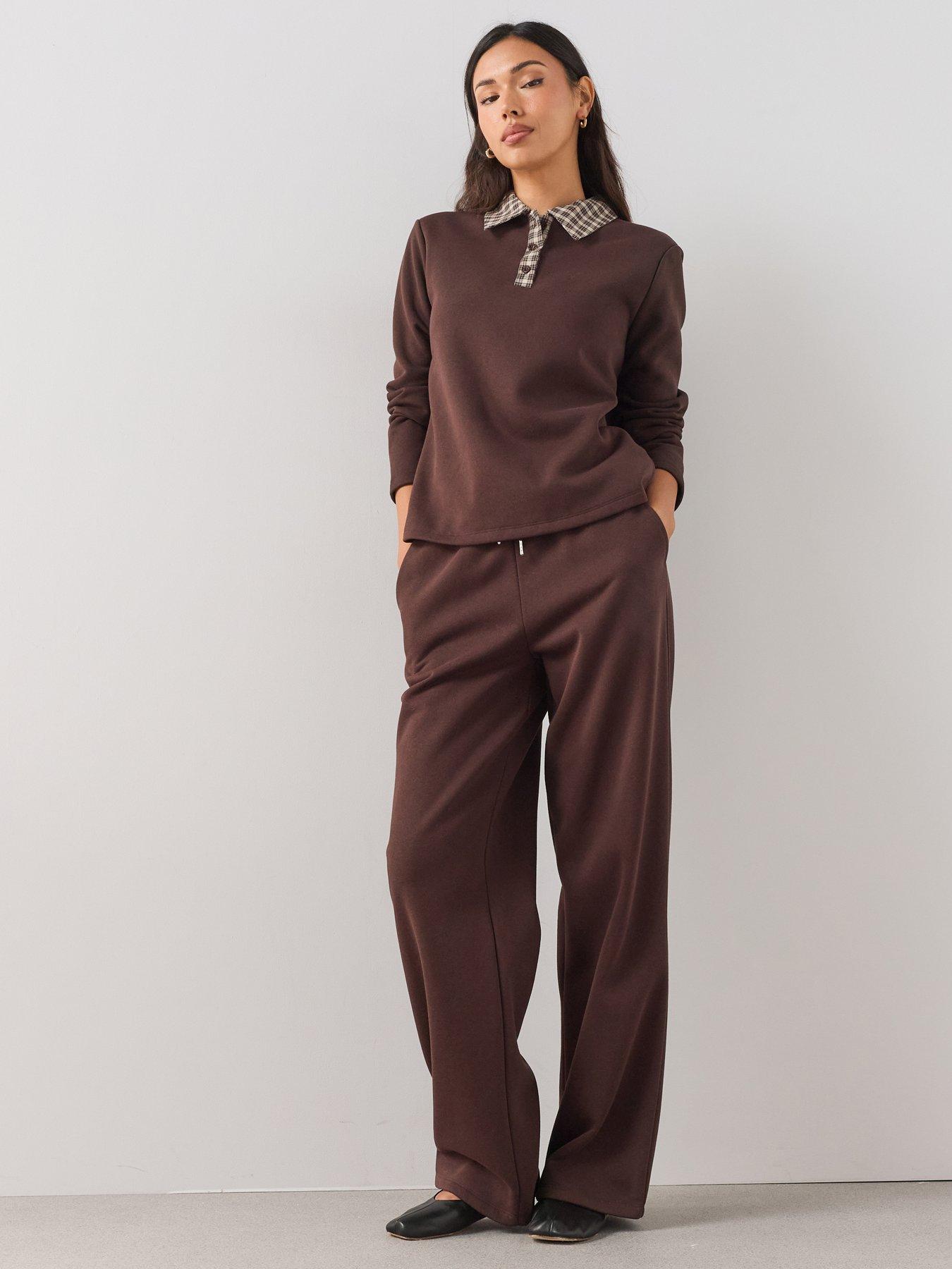 The Very Collection Check Collar Long Sleeve Polo Co-Ord - Brown