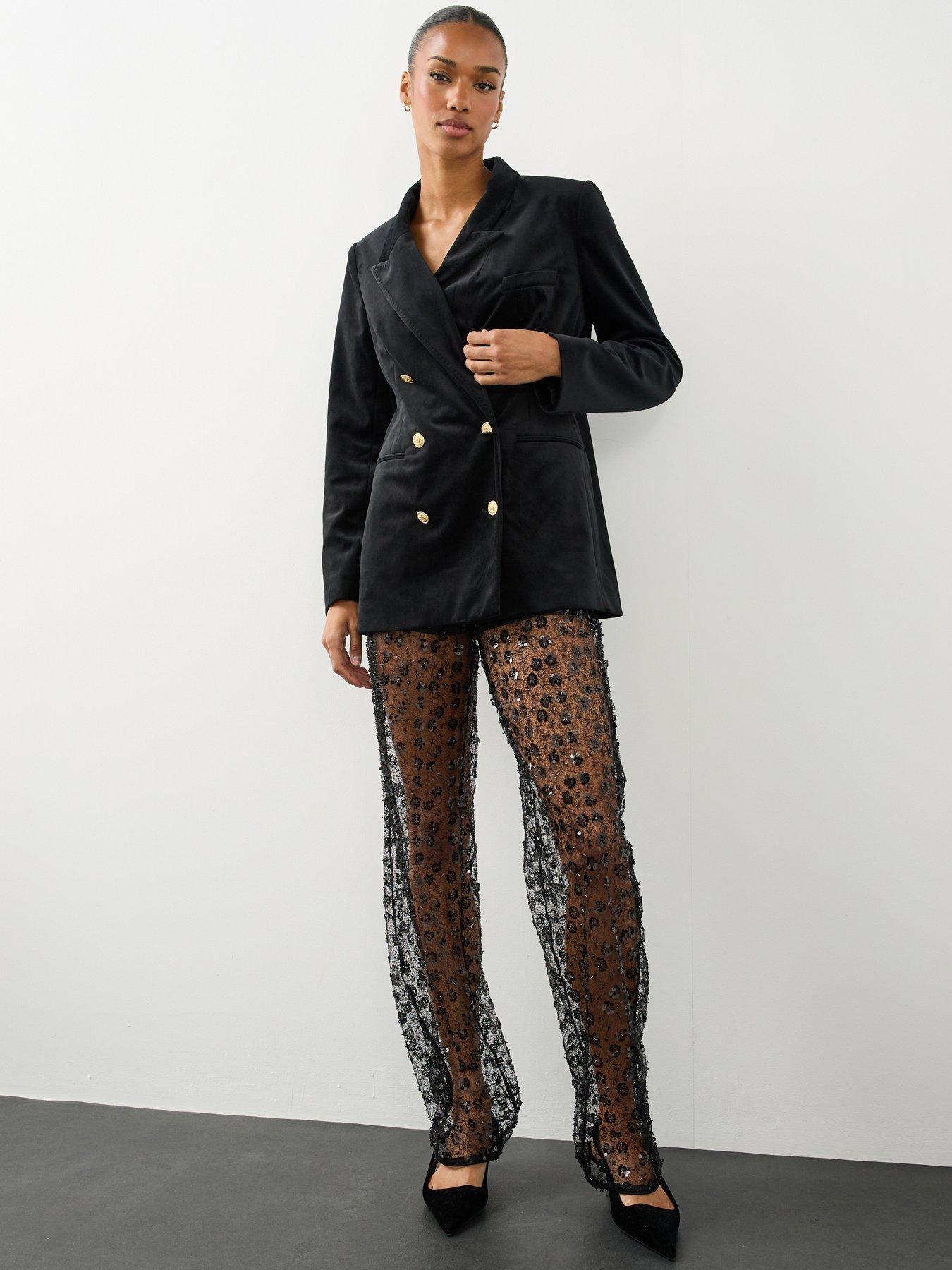 Image 1 of 7 of The Very Collection Womens Lace Sequin High Waist Wide Leg Trousers - Black