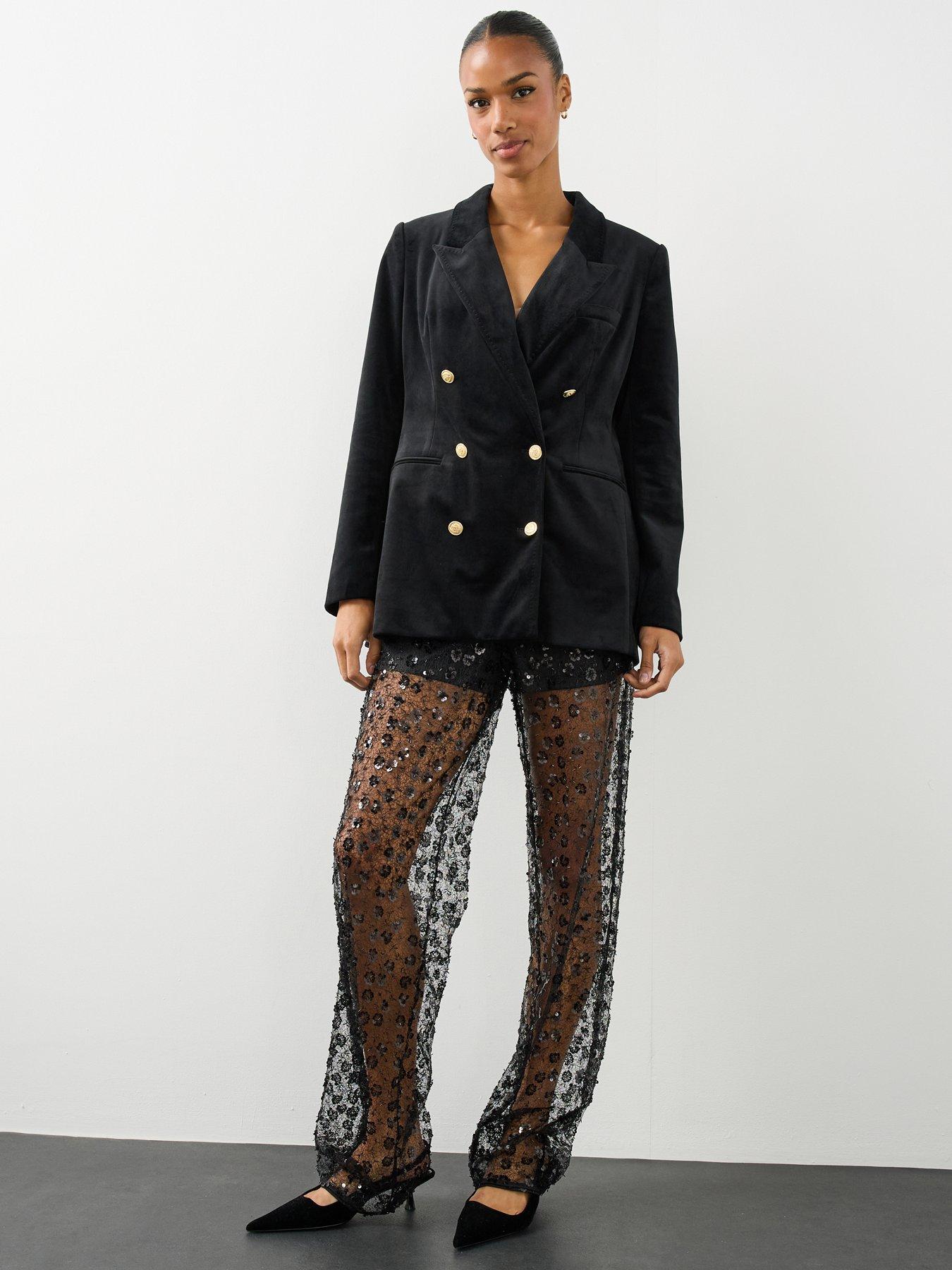 Image 3 of 7 of The Very Collection Womens Lace Sequin High Waist Wide Leg Trousers - Black