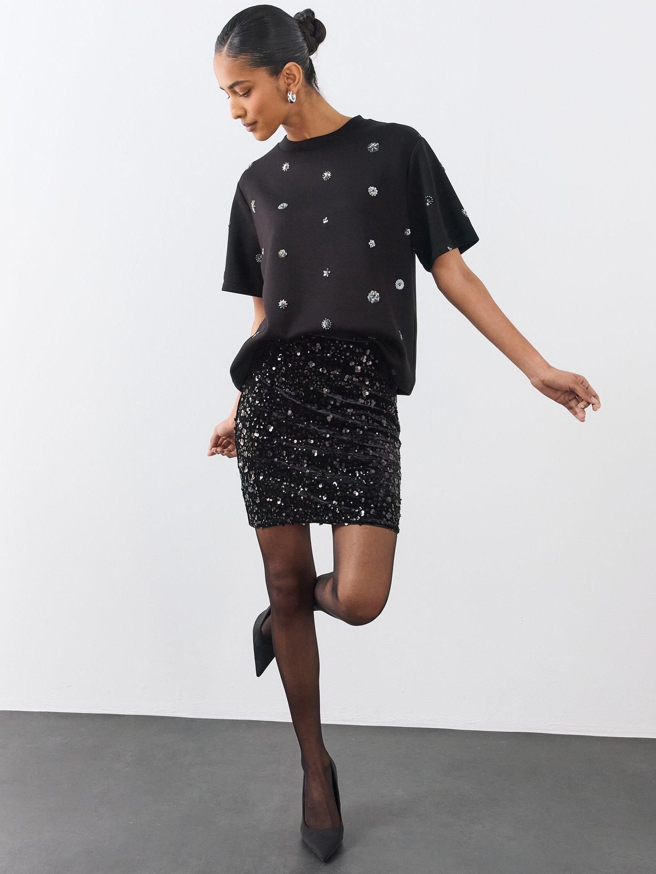 Image 1 of 6 of The Very Collection Womens Sequin Mini Skirt Co-ord - Black