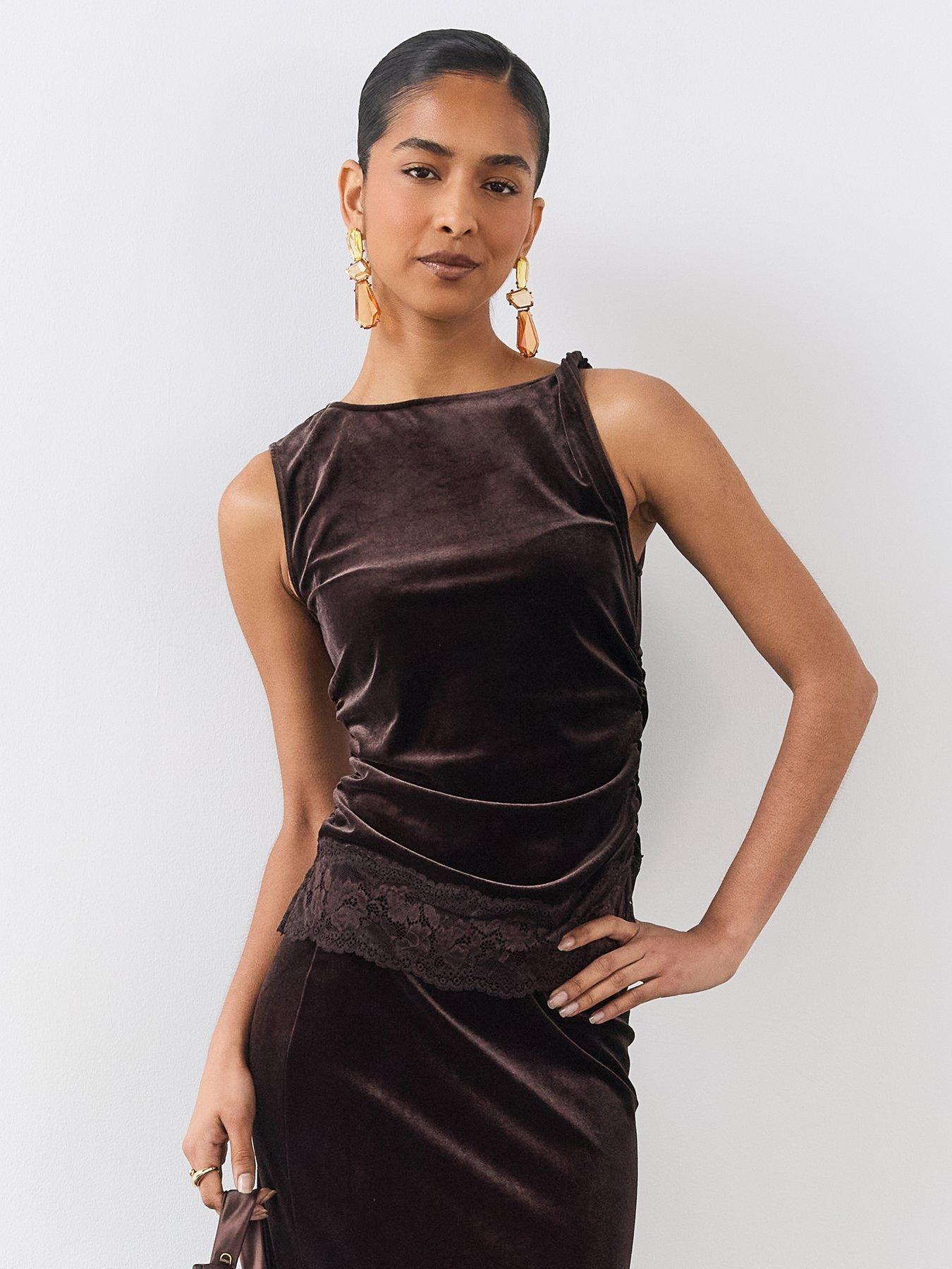 Image 1 of 6 of The Very Collection Womens Lace Hem Ruched Sleeveless Top - Brown