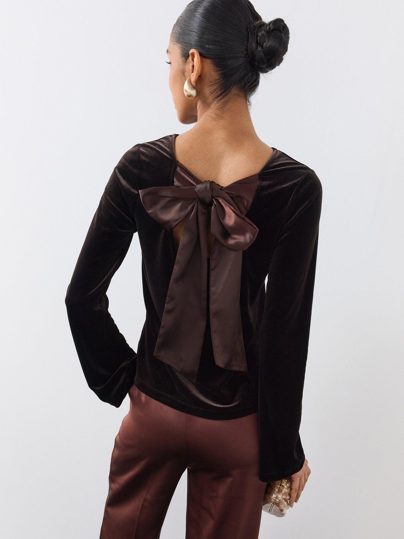 Image 1 of 6 of The Very Collection Womens Bow Back Stretch Velvet Blouse - Brown