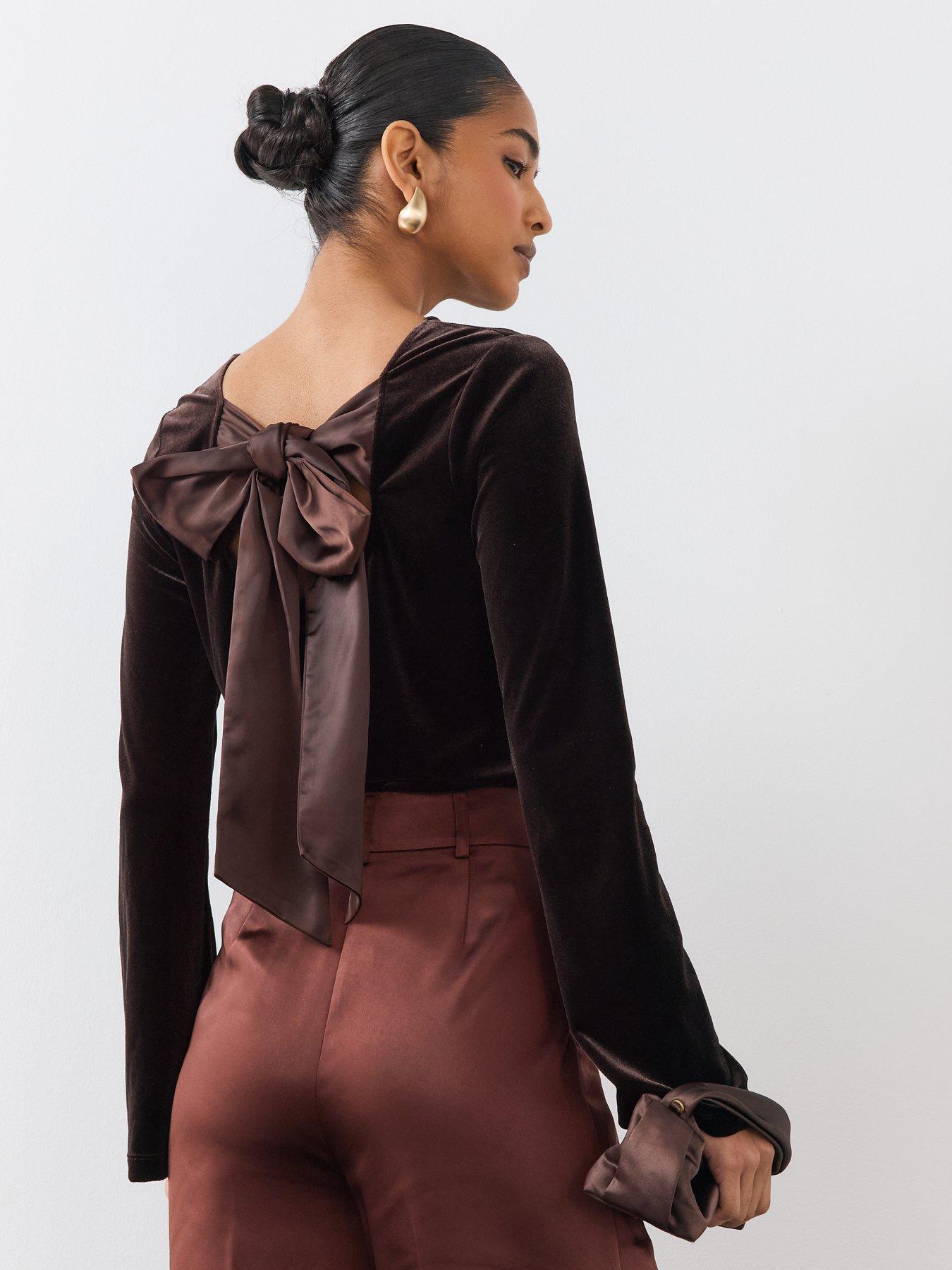 Image 2 of 6 of The Very Collection Womens Bow Back Stretch Velvet Blouse - Brown