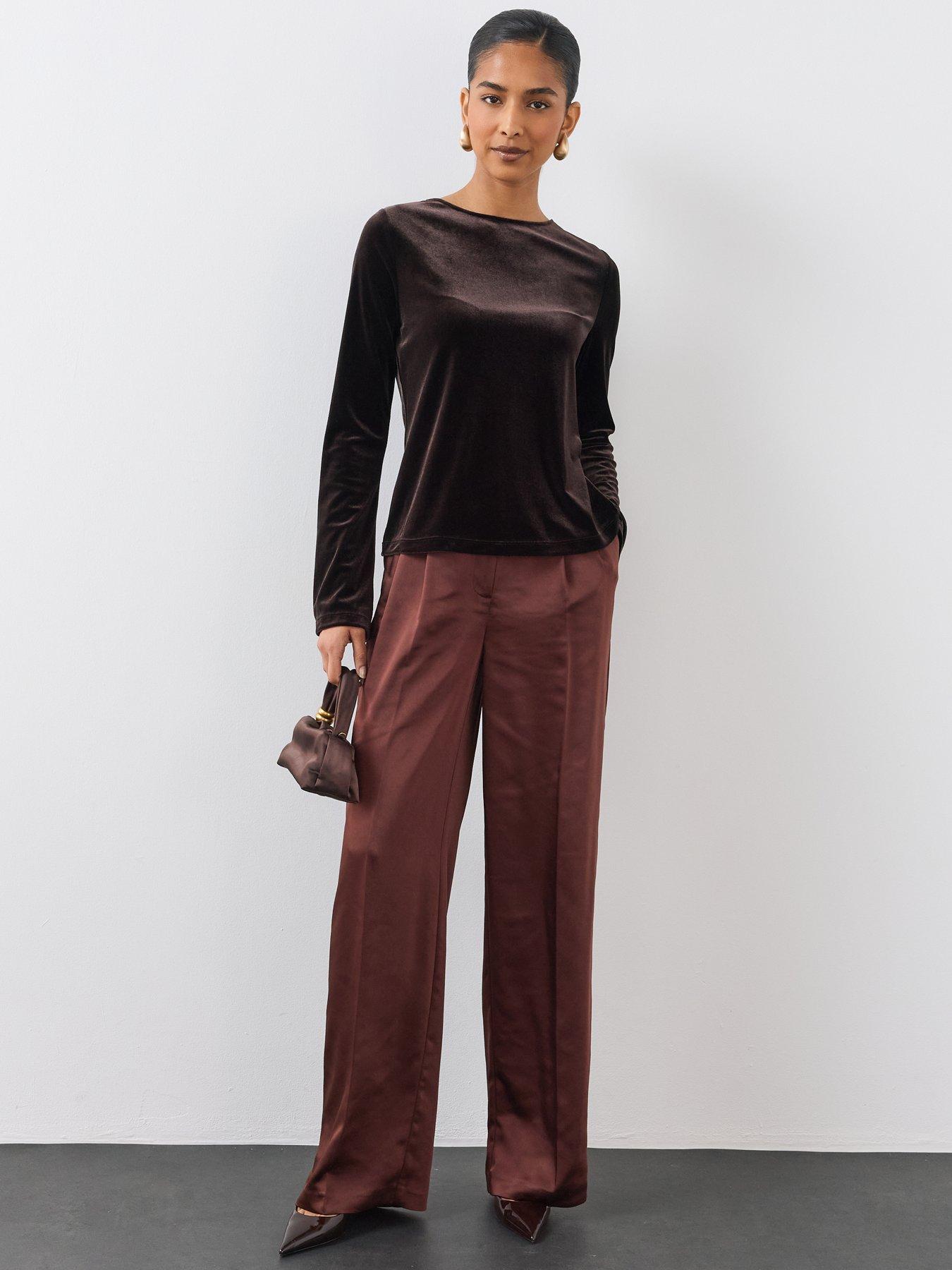 Image 3 of 6 of The Very Collection Womens Bow Back Stretch Velvet Blouse - Brown