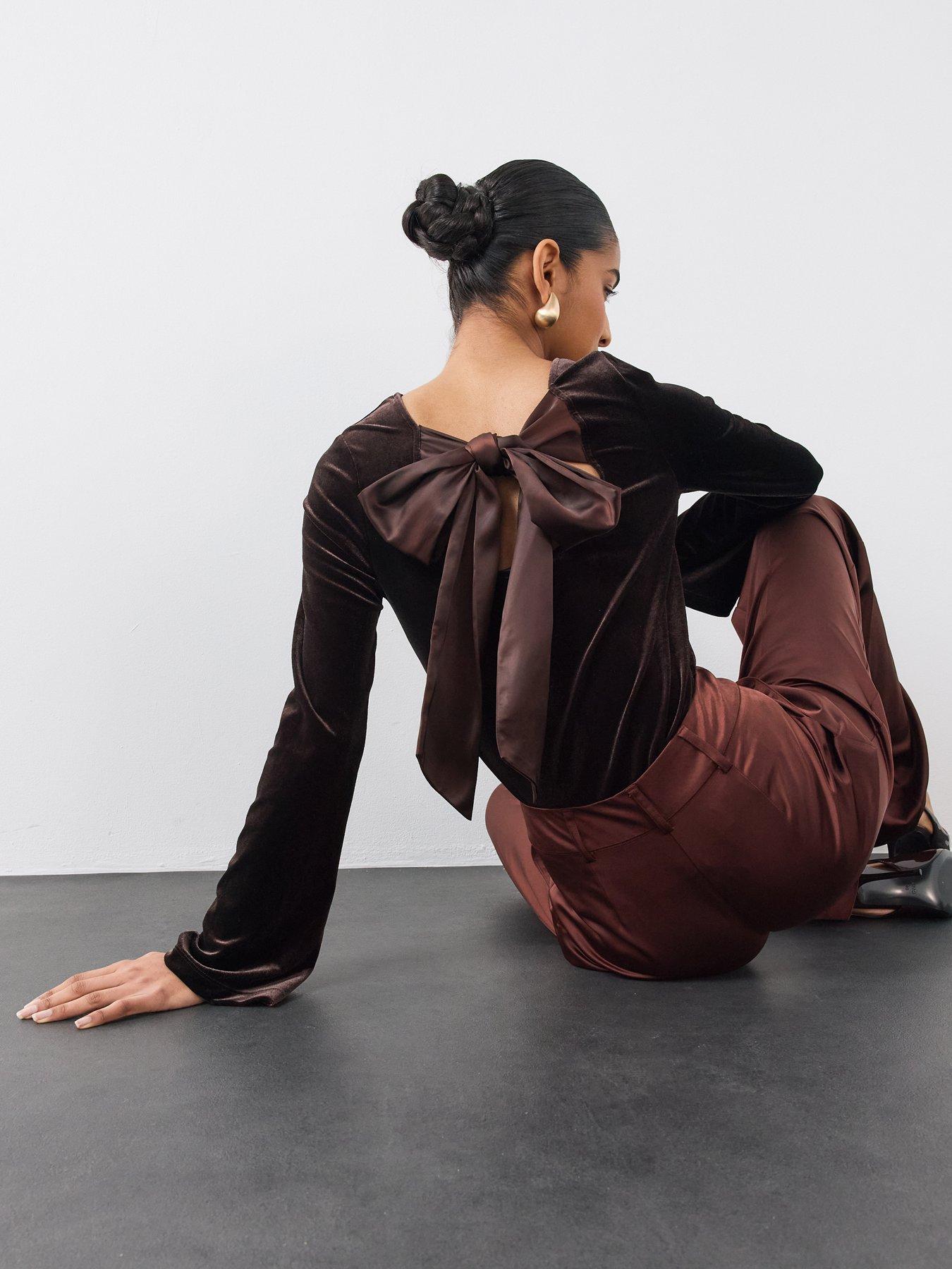 Image 4 of 6 of The Very Collection Womens Bow Back Stretch Velvet Blouse - Brown