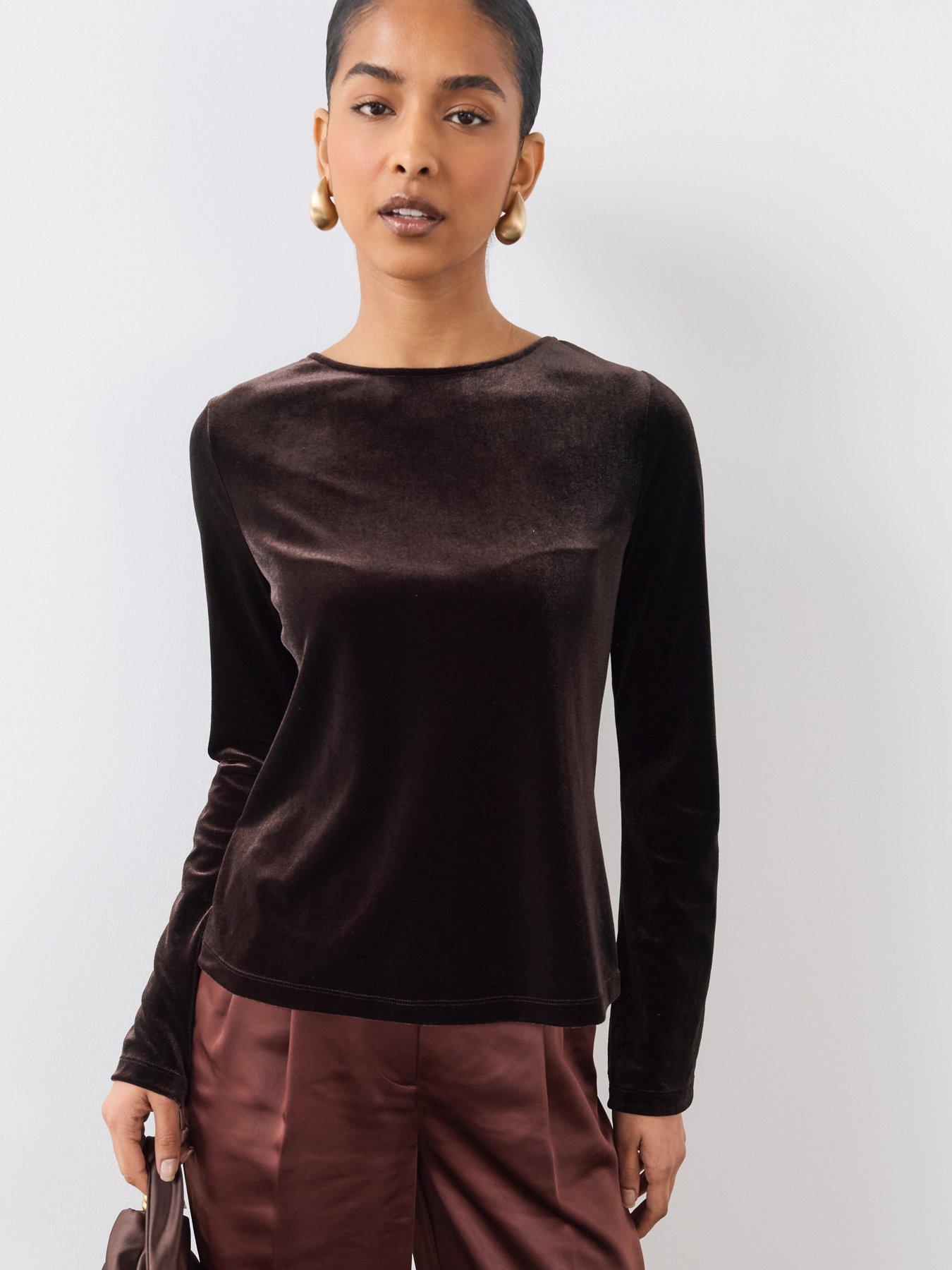 Image 5 of 6 of The Very Collection Womens Bow Back Stretch Velvet Blouse - Brown