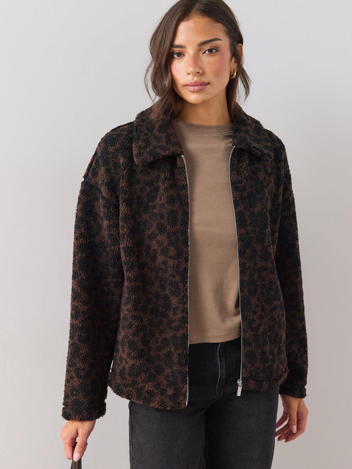 Image 1 of 6 of The Very Collection Womens Leopard Print Borg Zip-Through Jacket - Animal
