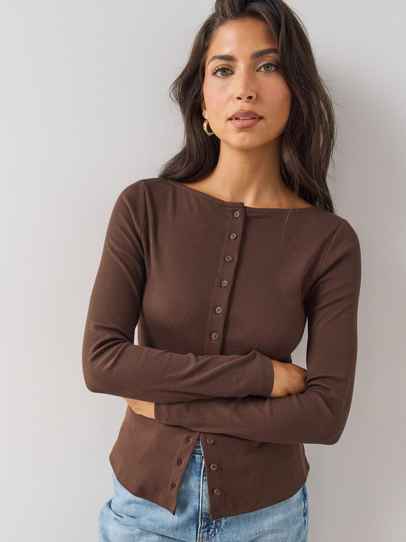 The Very Collection rib Button Through Long Sleeve Top