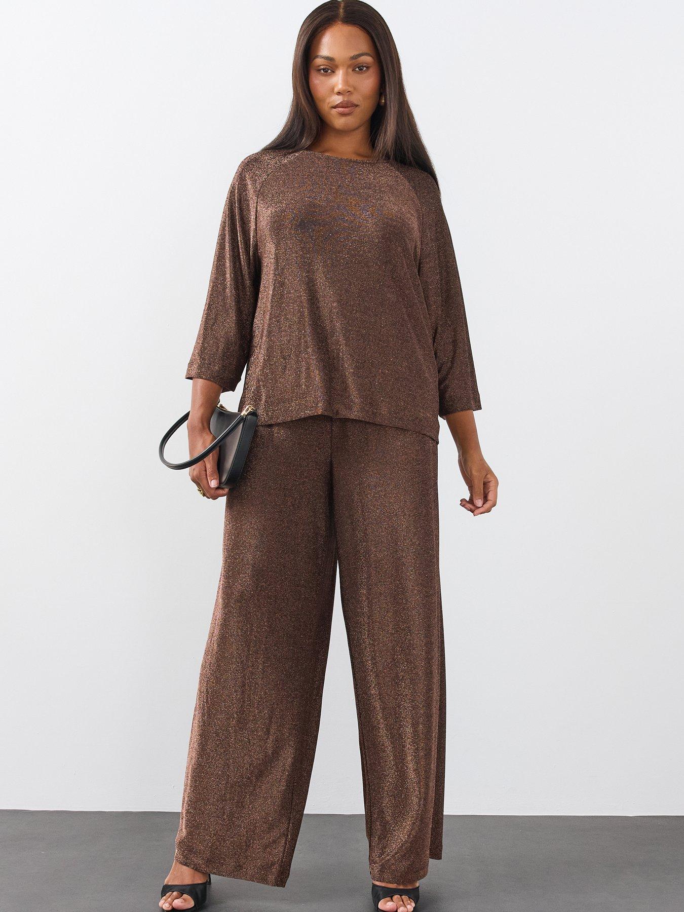 Image 1 of 6 of The Very Collection Womens Curve Lurex Wide Leg Trousers - Bronze