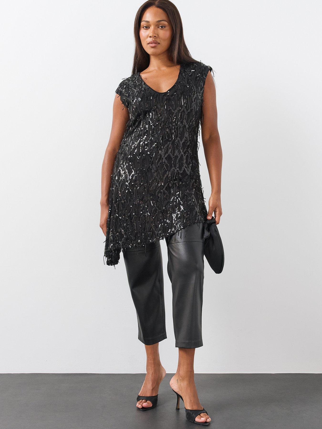 Image 1 of 6 of The Very Collection Womens Curve Sequin Asymmetric Hem Blouse - Black