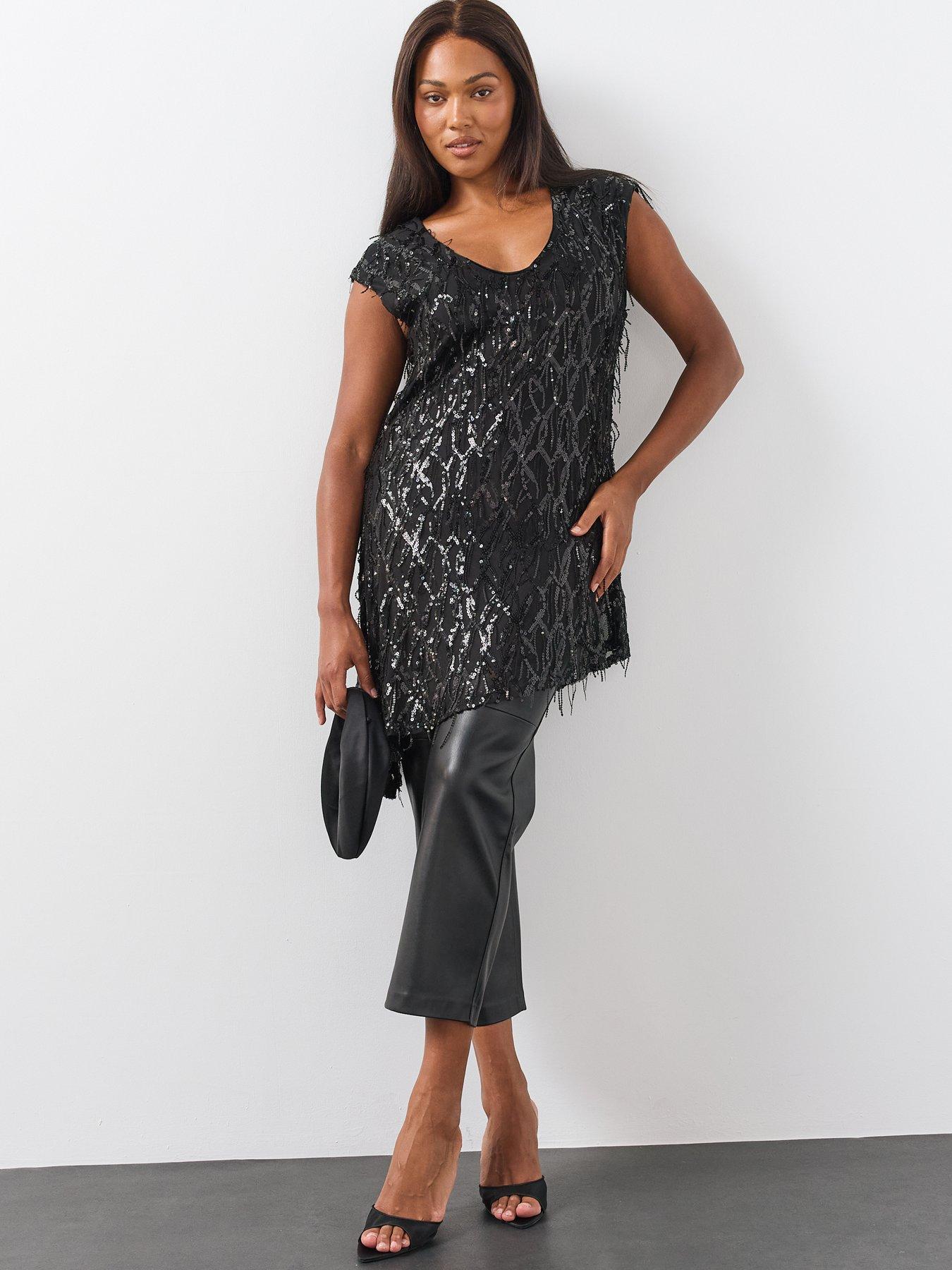 Image 3 of 6 of The Very Collection Womens Curve Sequin Asymmetric Hem Blouse - Black