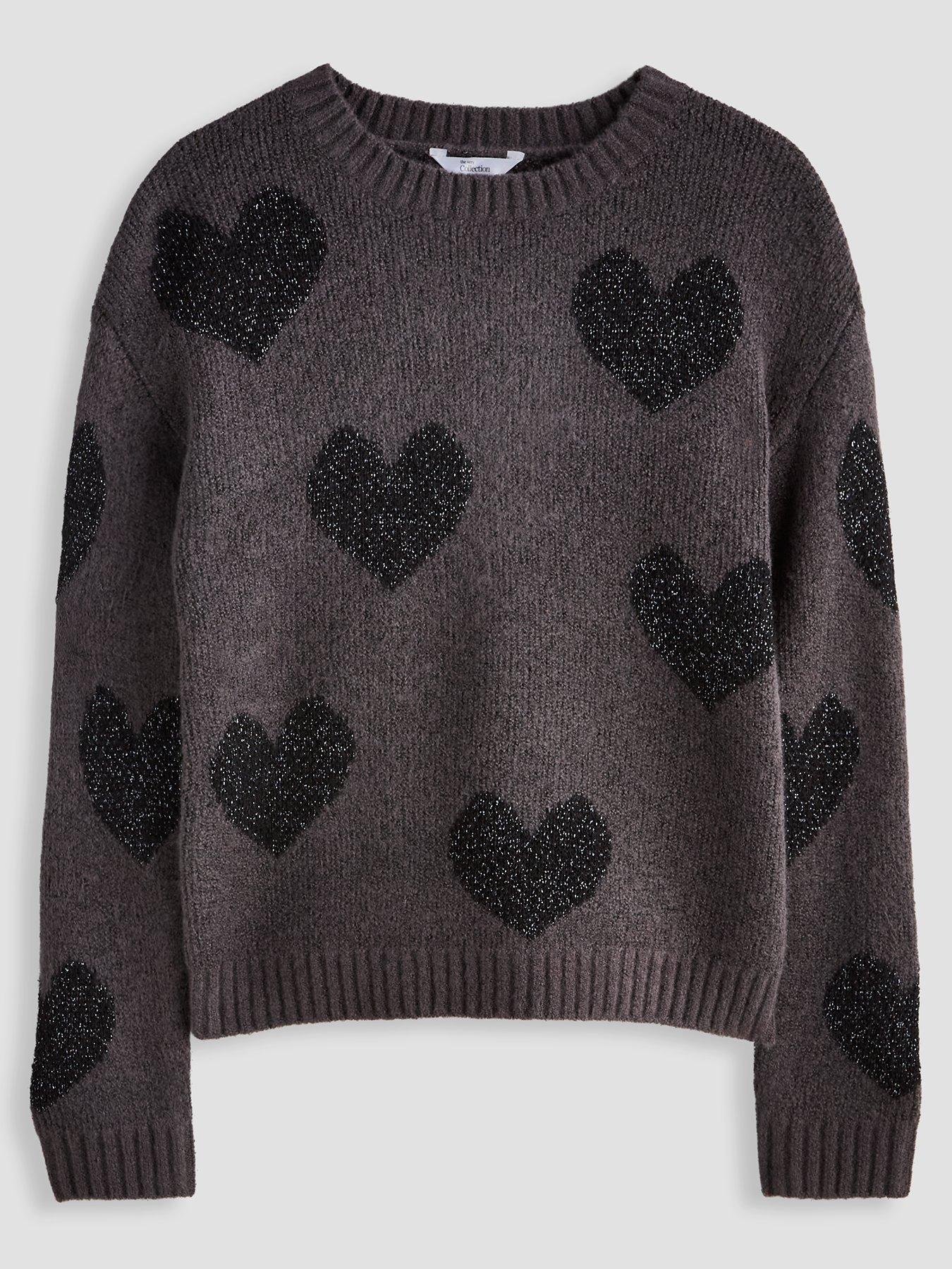 Image 1 of 4 of The Very Collection Girls Sparkly Heart Soft Knit Crew Neck Jumper - Grey