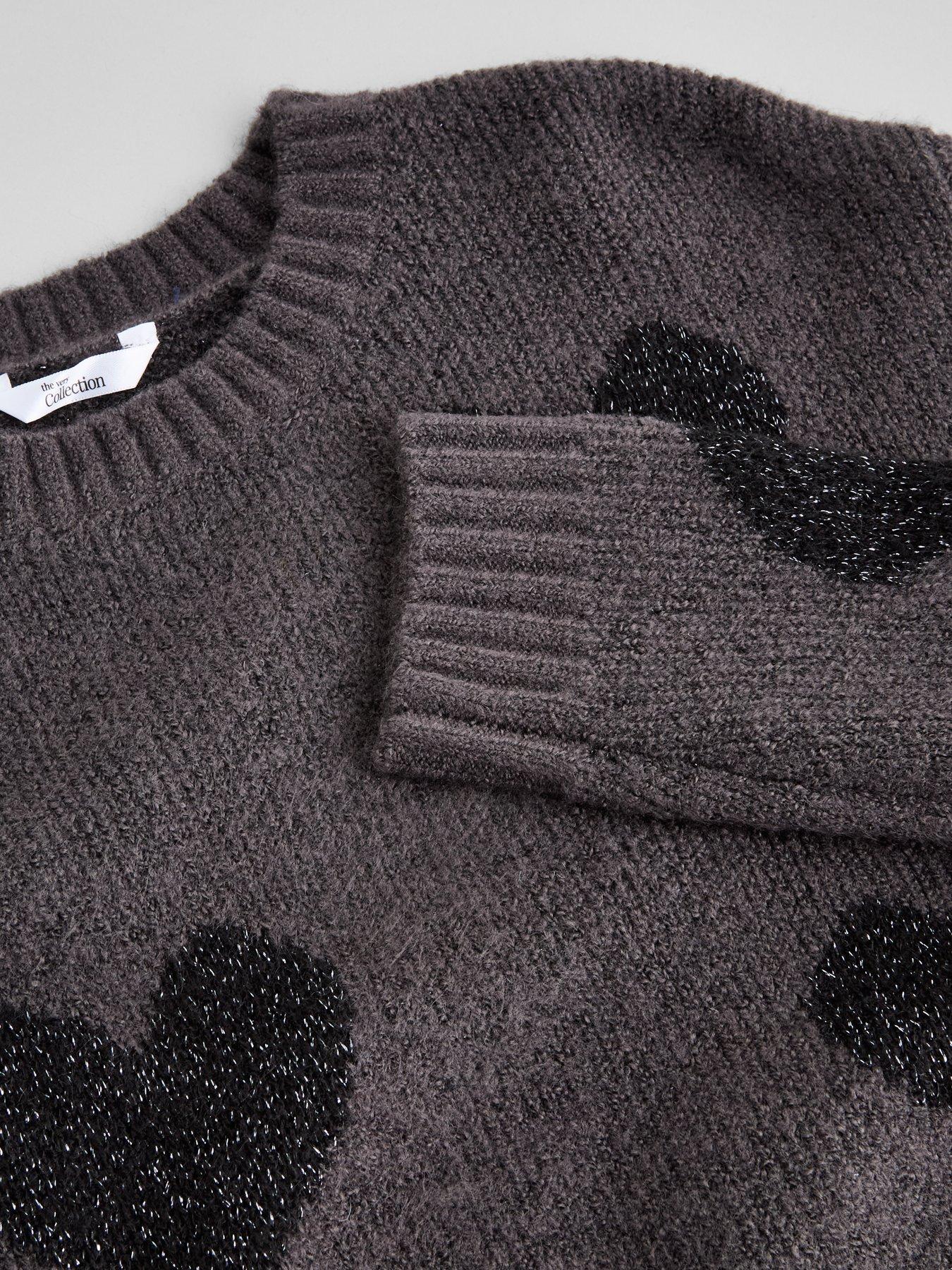 Image 3 of 4 of The Very Collection Girls Sparkly Heart Soft Knit Crew Neck Jumper - Grey