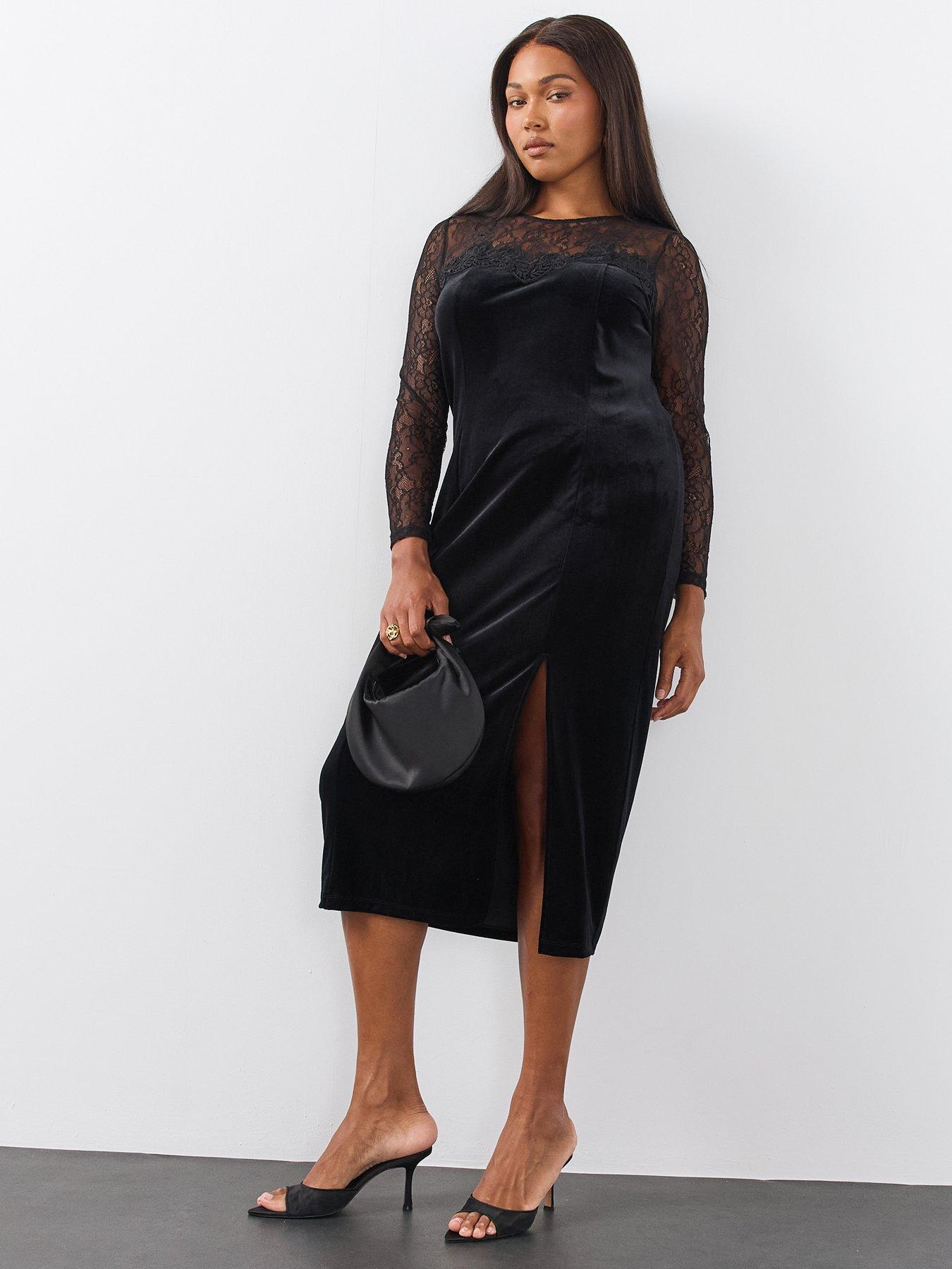 Image 1 of 6 of The Very Collection Womens Curve Lace Yoke Velvet Side Split Midi Dress - Black