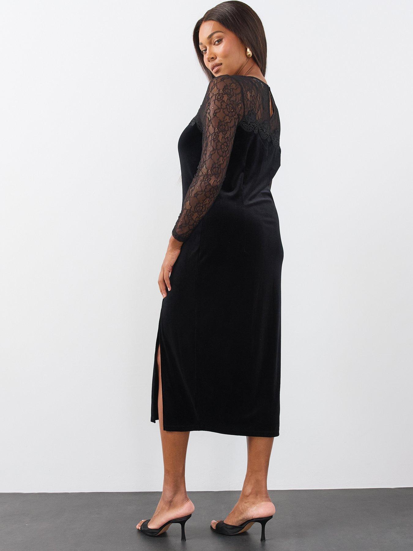Image 2 of 6 of The Very Collection Womens Curve Lace Yoke Velvet Side Split Midi Dress - Black