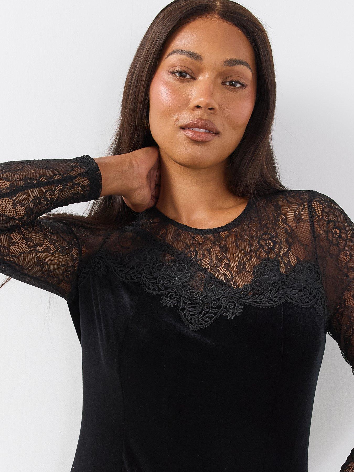 Image 4 of 6 of The Very Collection Womens Curve Lace Yoke Velvet Side Split Midi Dress - Black