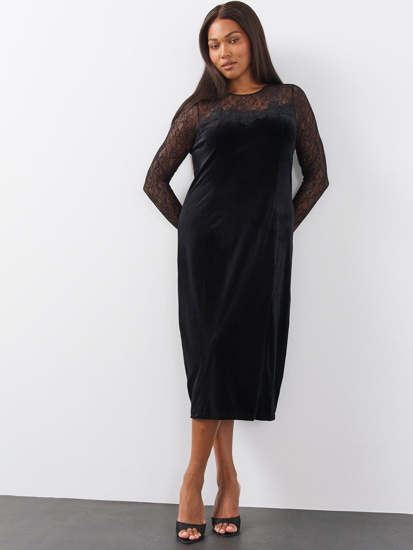 Image 6 of 6 of The Very Collection Womens Curve Lace Yoke Velvet Side Split Midi Dress - Black