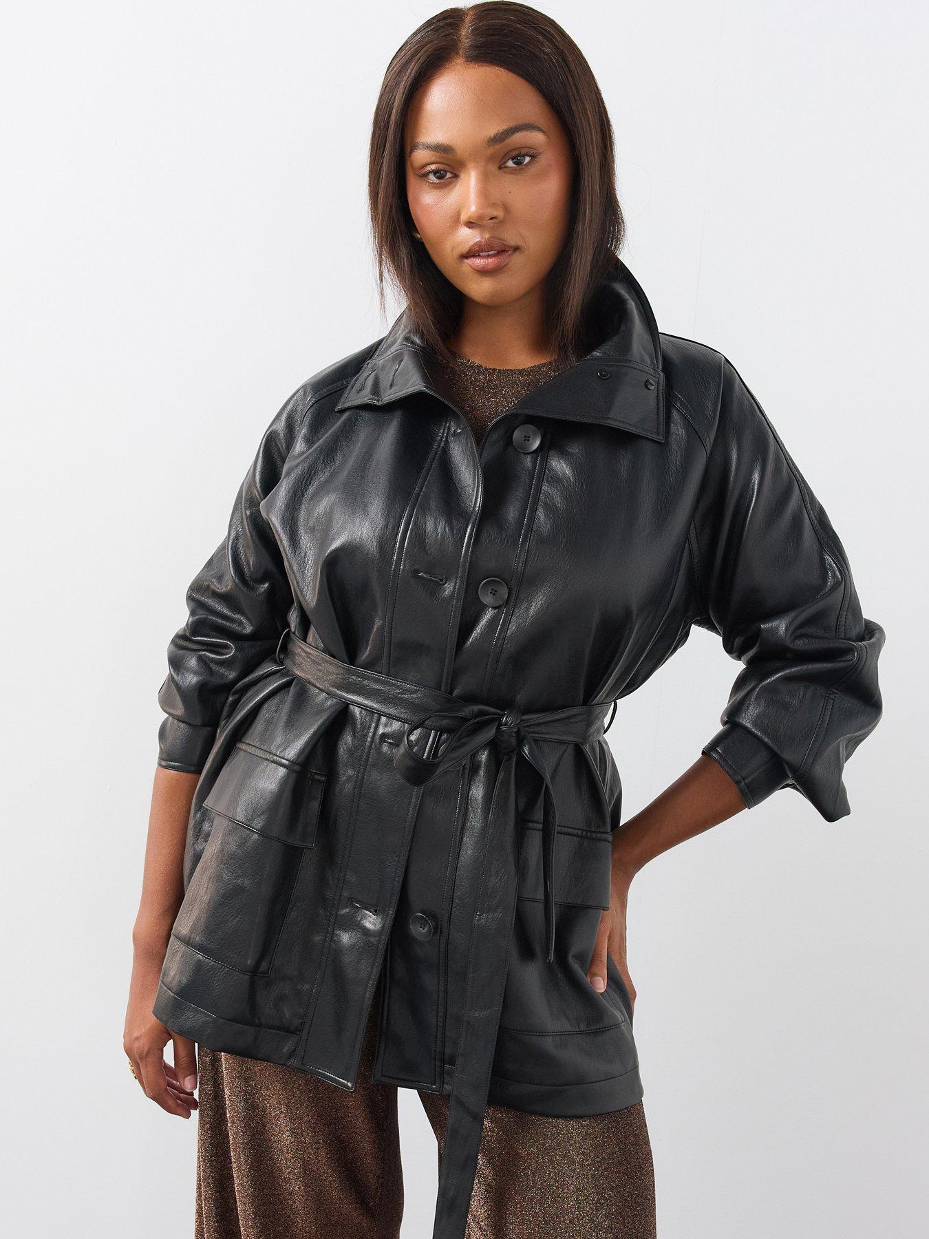 Image 1 of 6 of The Very Collection Womens Curve Funnel Neck Tie Waist Faux Leather Jacket - Black
