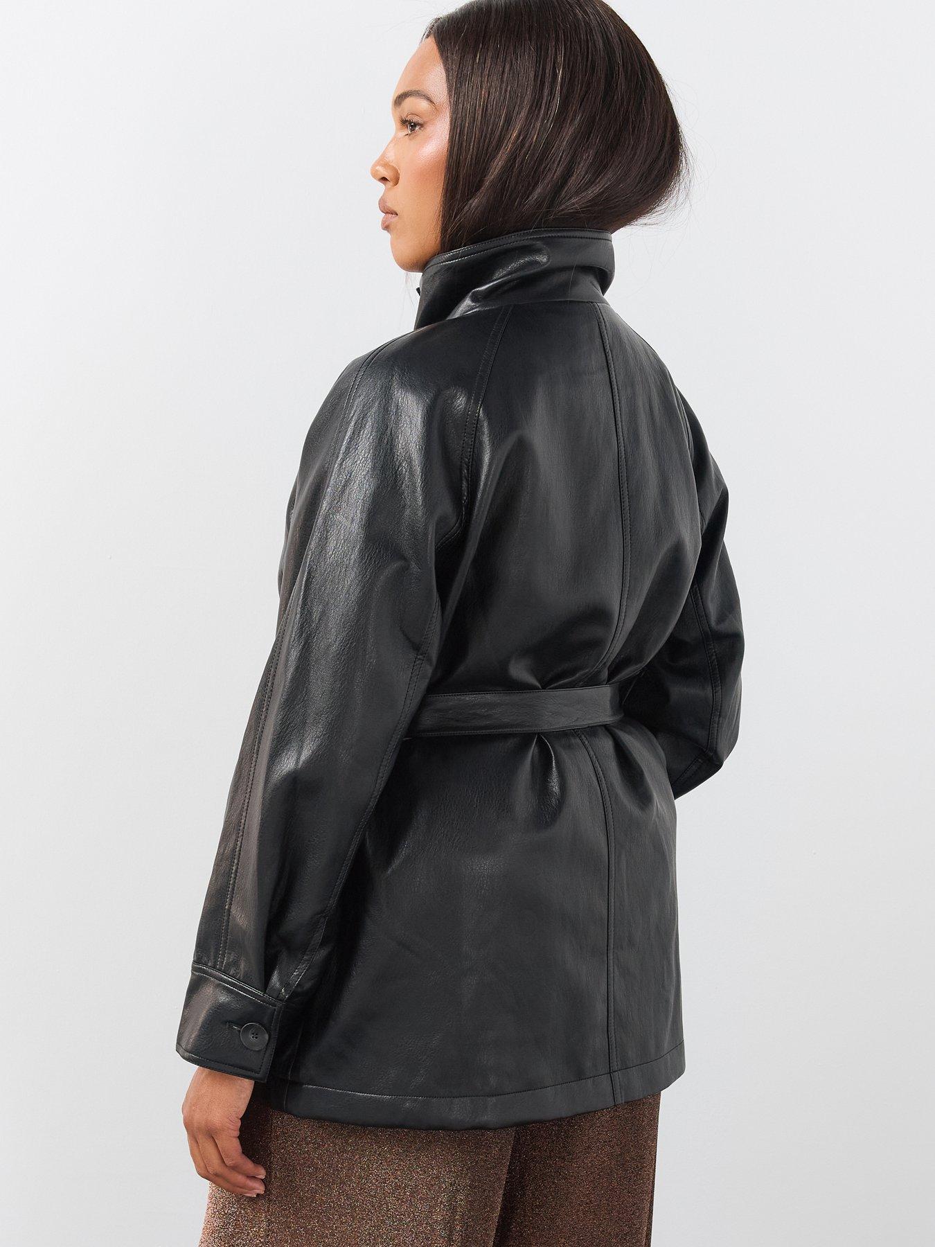 Image 2 of 6 of The Very Collection Womens Curve Funnel Neck Tie Waist Faux Leather Jacket - Black