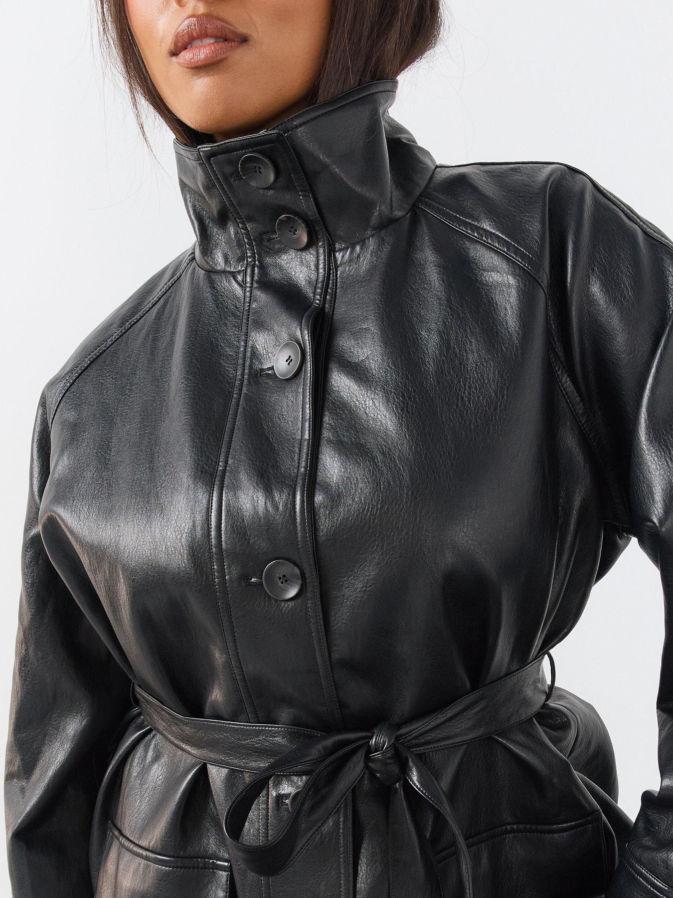 Image 4 of 6 of The Very Collection Womens Curve Funnel Neck Tie Waist Faux Leather Jacket - Black
