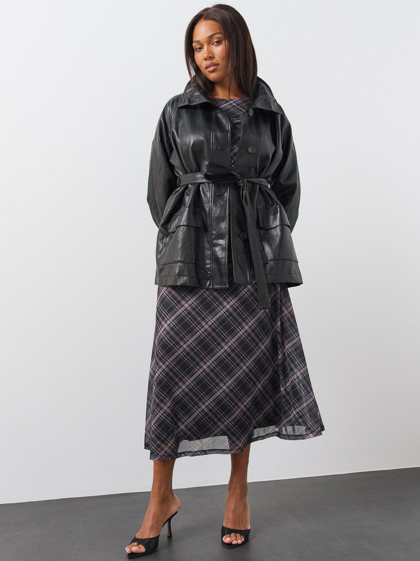 Image 6 of 6 of The Very Collection Womens Curve Funnel Neck Tie Waist Faux Leather Jacket - Black