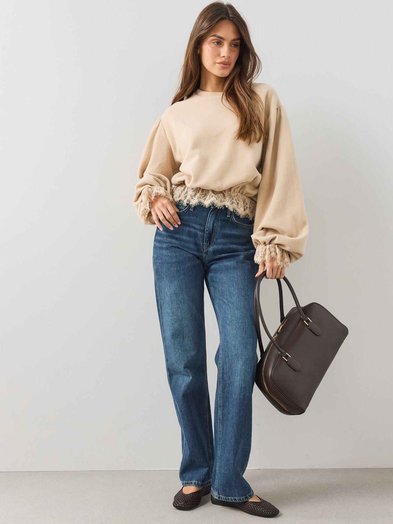 Image 3 of 6 of The Very Collection Womens Lace Hem Balloon Sleeve Sweatshirt - Neutral