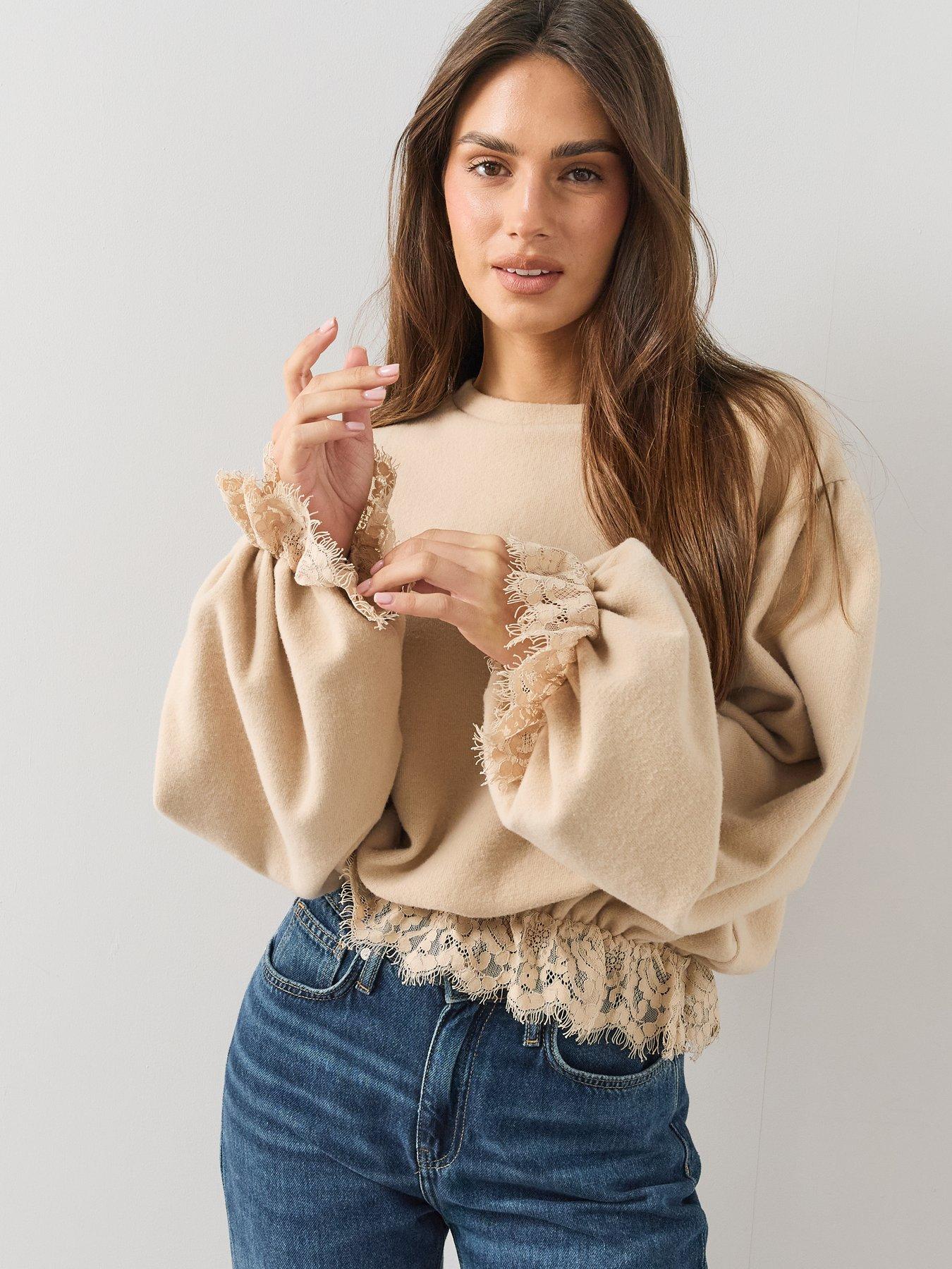 Image 4 of 6 of The Very Collection Womens Lace Hem Balloon Sleeve Sweatshirt - Neutral