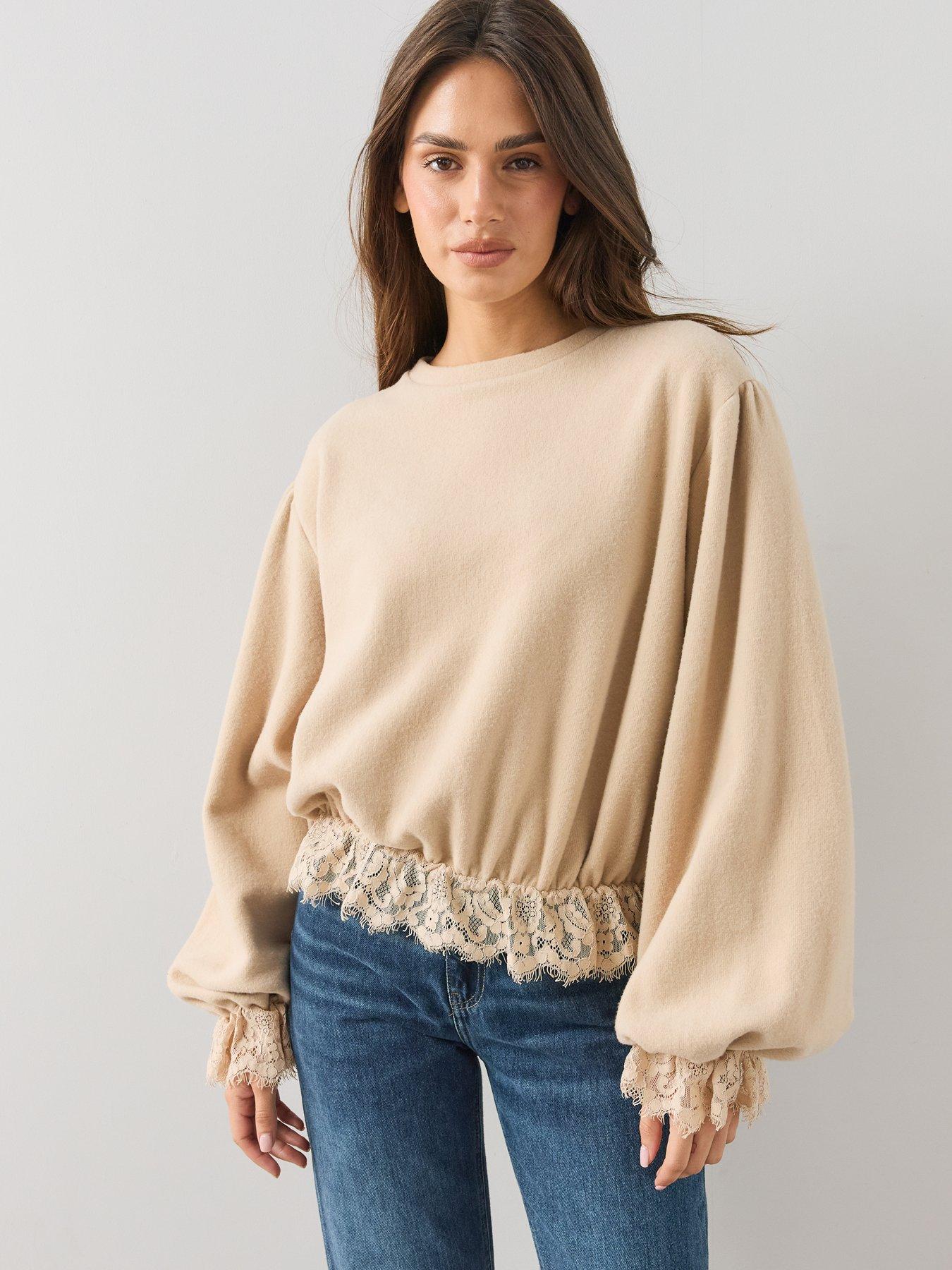 Image 5 of 6 of The Very Collection Womens Lace Hem Balloon Sleeve Sweatshirt - Neutral