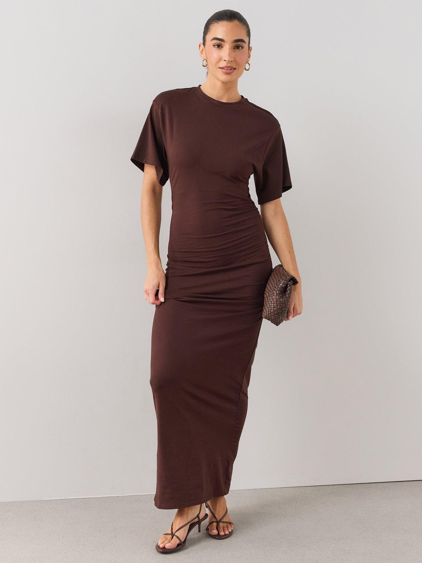 Image 1 of 6 of The Very Collection Draped Short Sleeve Ruched Side Midaxi Dress - Brown