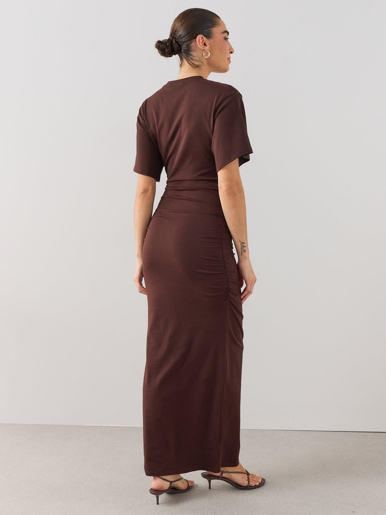 Image 2 of 6 of The Very Collection Draped Short Sleeve Ruched Side Midaxi Dress - Brown