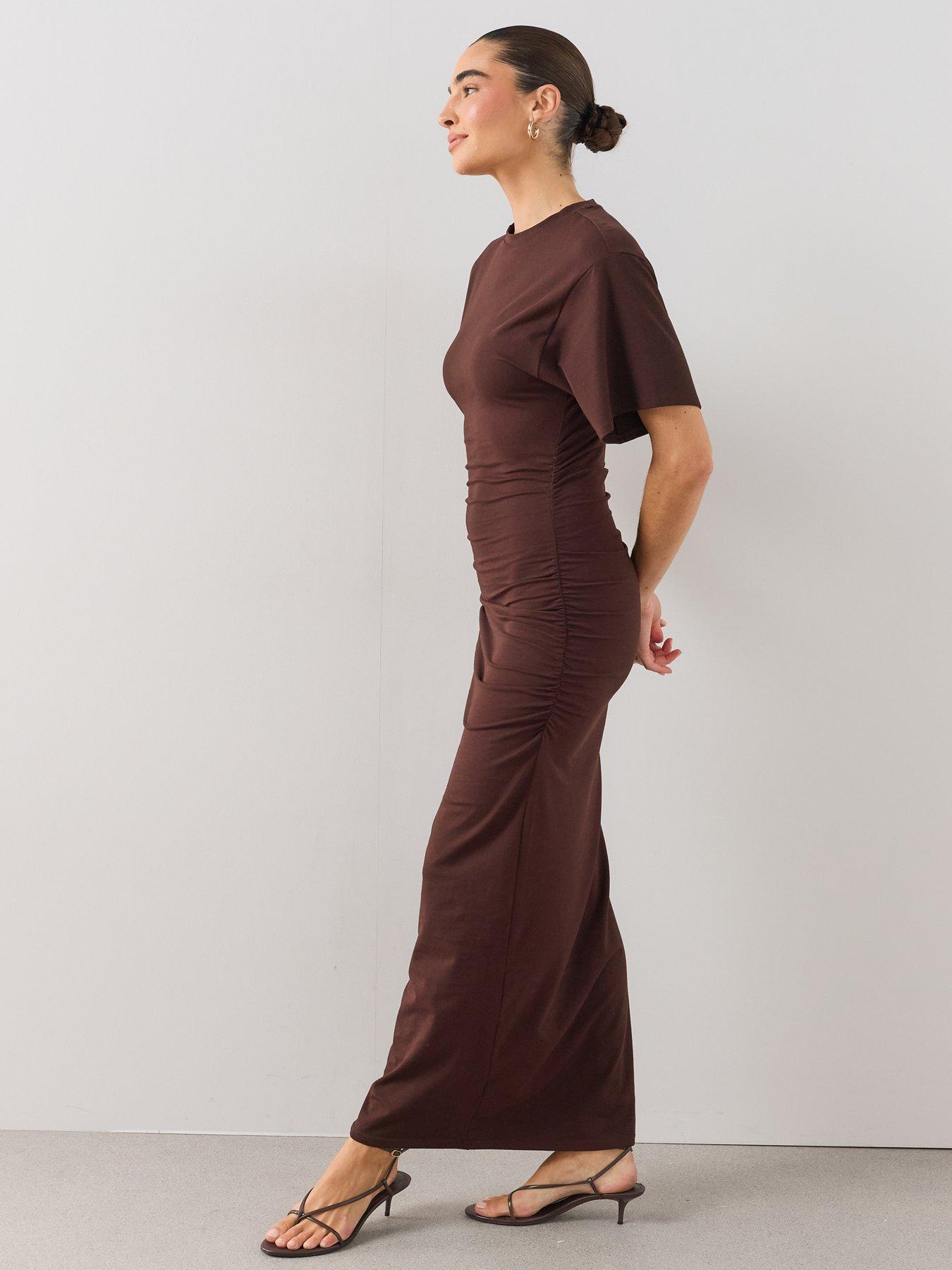 Image 3 of 6 of The Very Collection Draped Short Sleeve Ruched Side Midaxi Dress - Brown