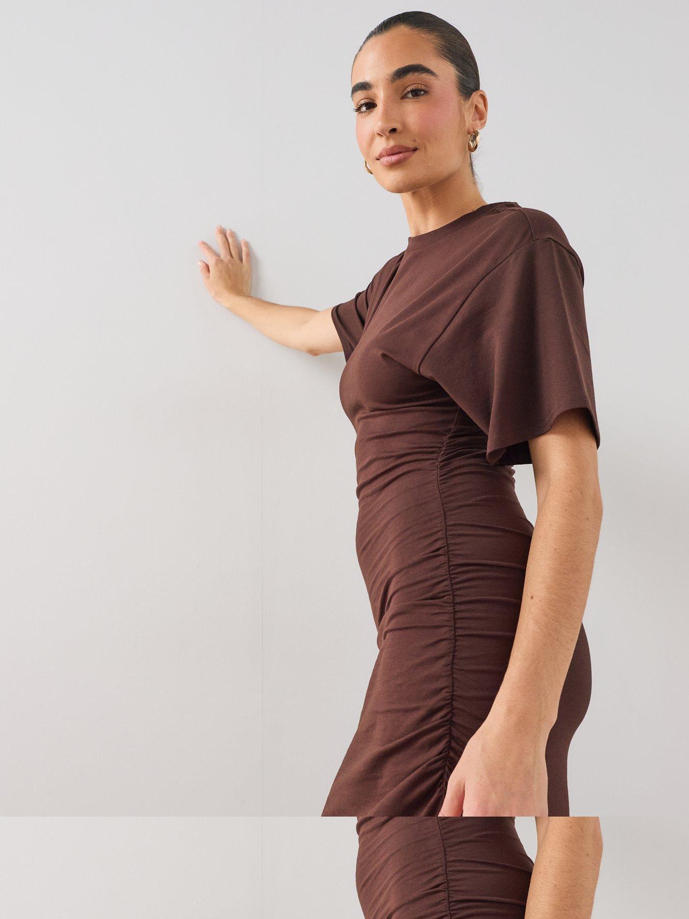 Image 4 of 6 of The Very Collection Draped Short Sleeve Ruched Side Midaxi Dress - Brown