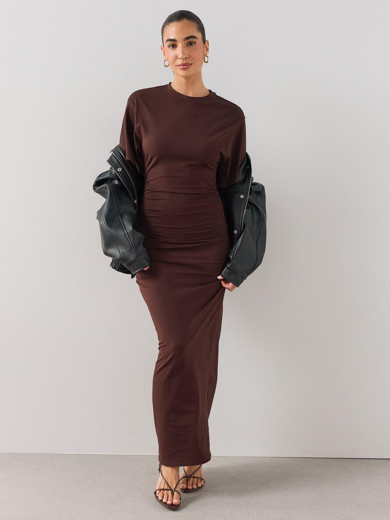 Image 5 of 6 of The Very Collection Draped Short Sleeve Ruched Side Midaxi Dress - Brown