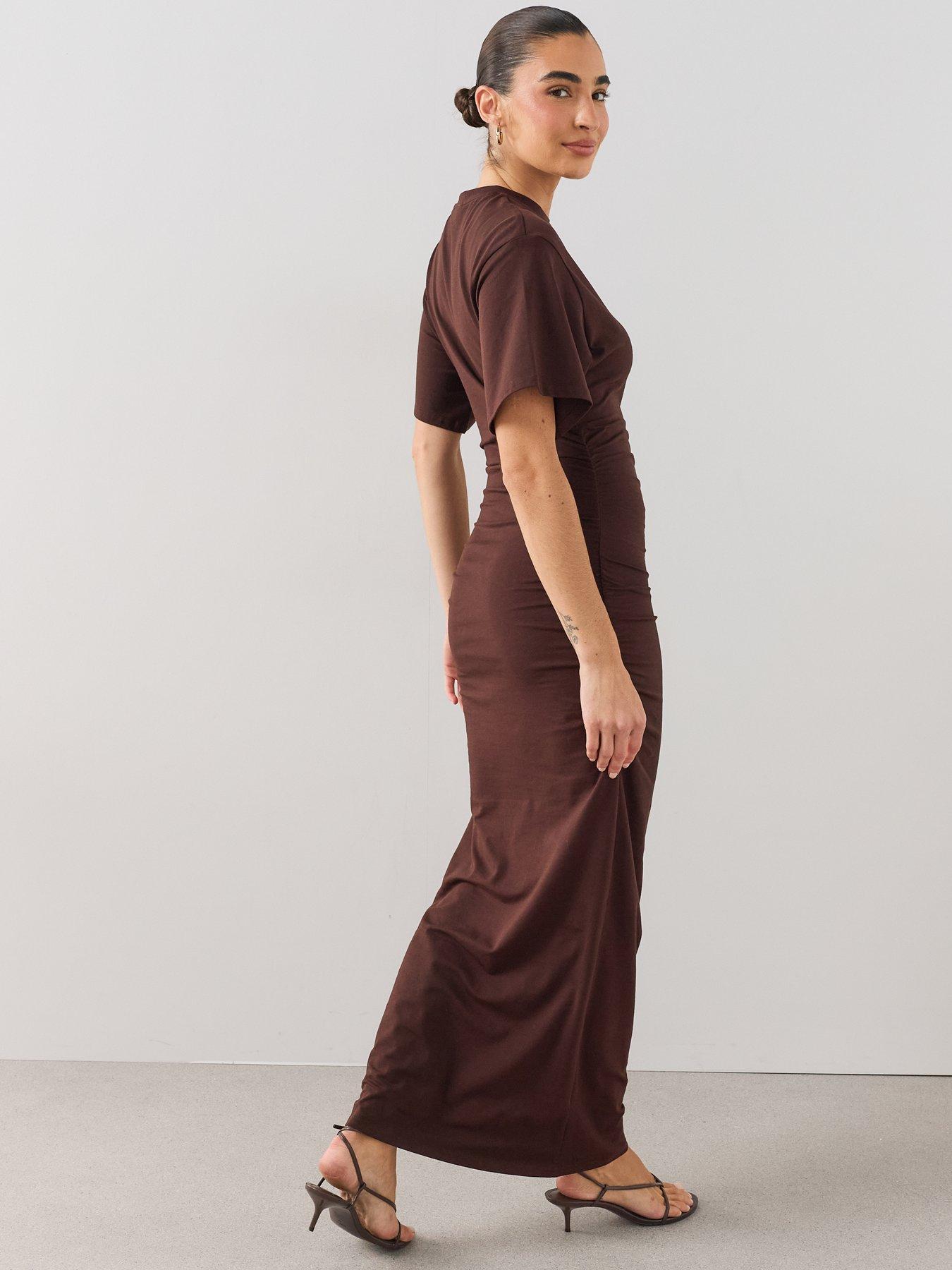 Image 6 of 6 of The Very Collection Draped Short Sleeve Ruched Side Midaxi Dress - Brown