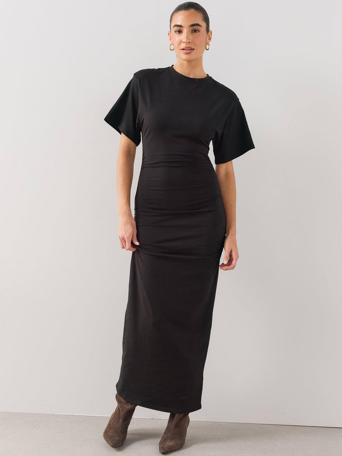 Image 1 of 6 of The Very Collection Draped Short Sleeve Ruched Side Midaxi Dress - Black
