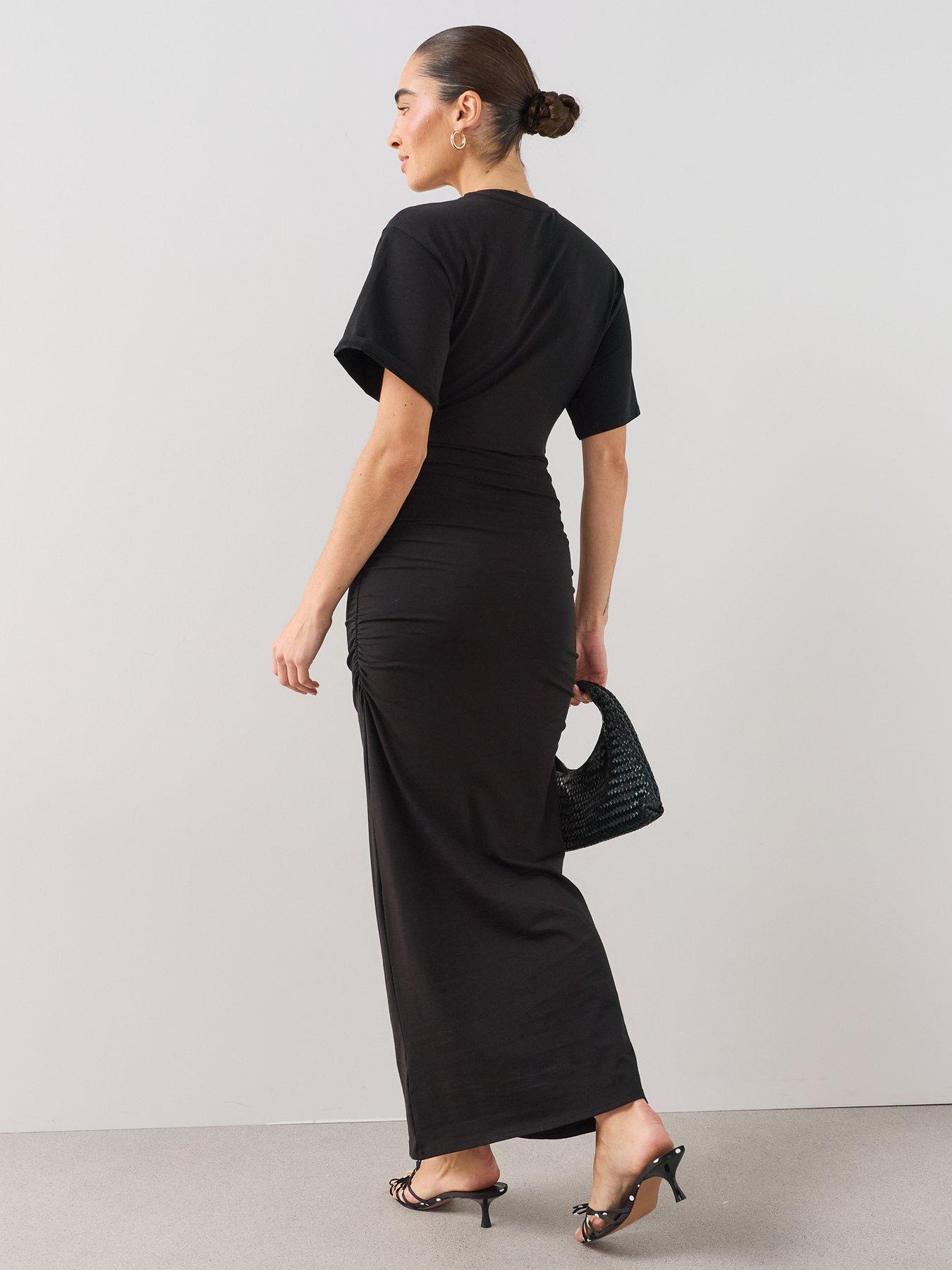 Image 2 of 6 of The Very Collection Draped Short Sleeve Ruched Side Midaxi Dress - Black
