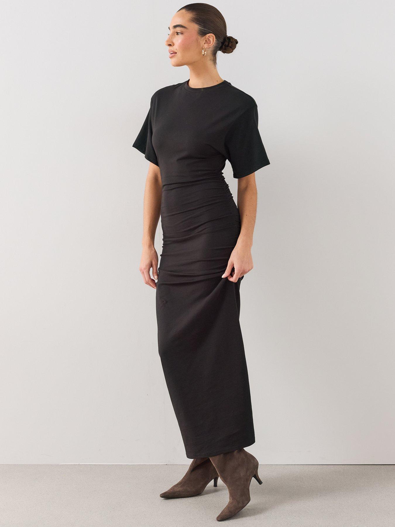 Image 5 of 6 of The Very Collection Draped Short Sleeve Ruched Side Midaxi Dress - Black