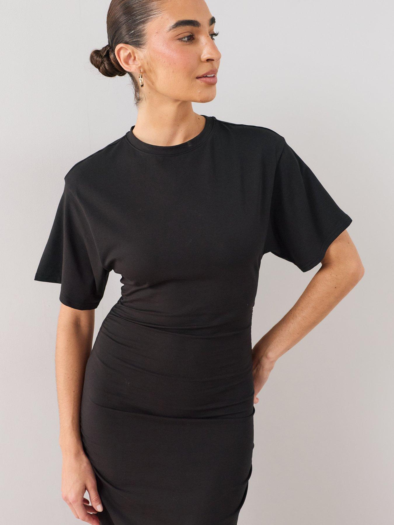 Image 6 of 6 of The Very Collection Draped Short Sleeve Ruched Side Midaxi Dress - Black