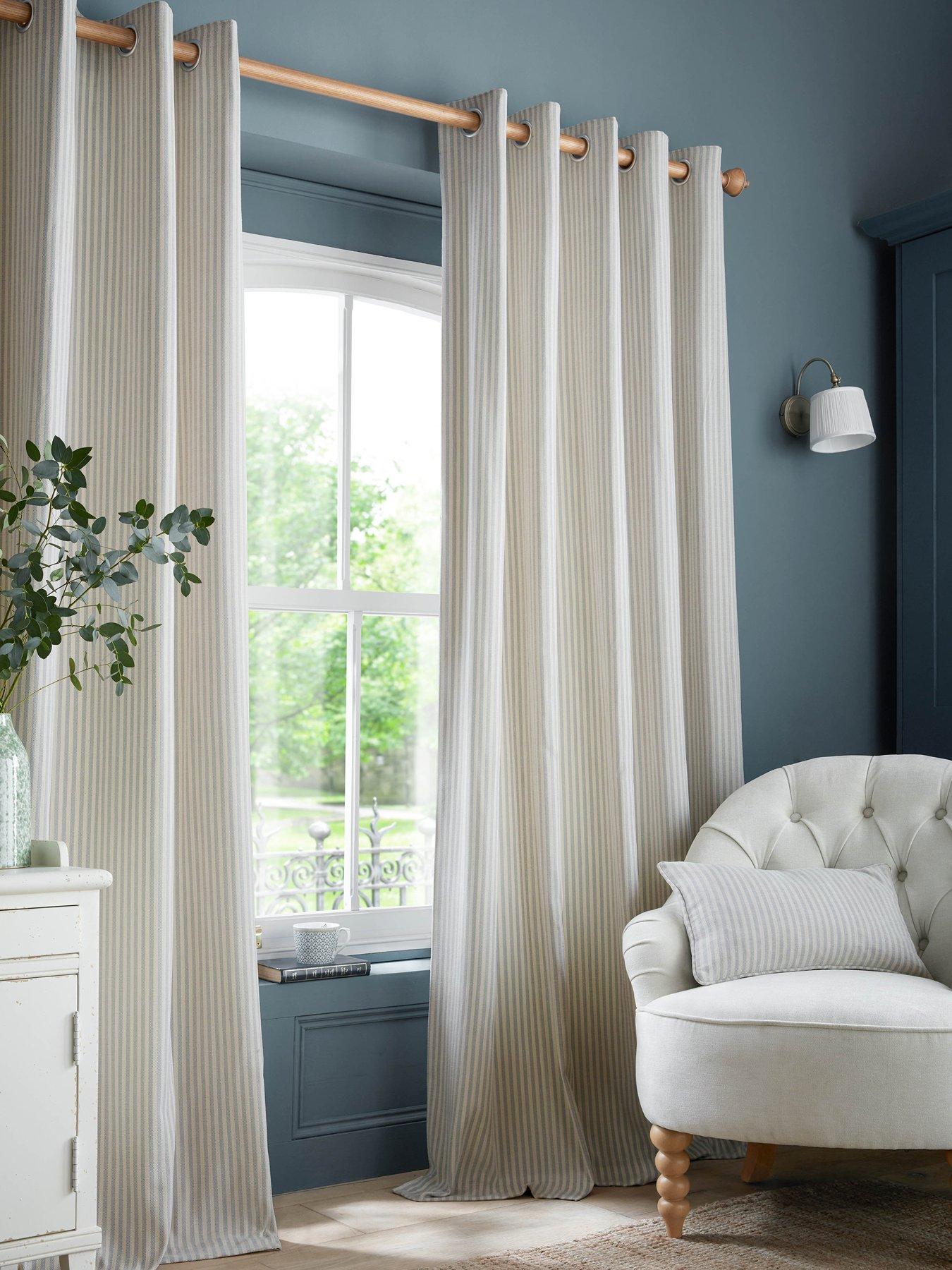 Laura Ashley Cornish Chenille Stripe Eyelet Curtains Slate Blue