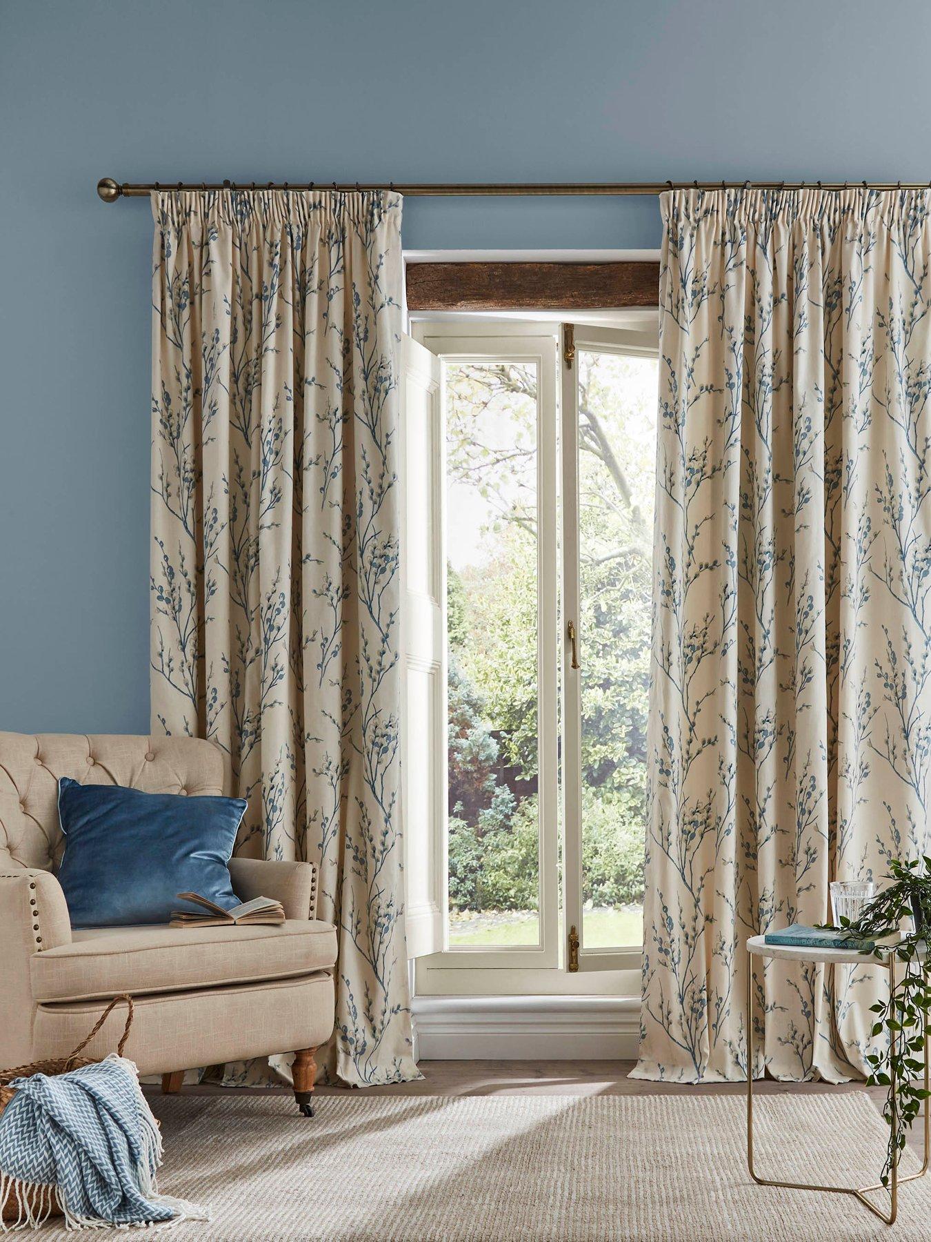 Laura Ashley Pussy Willow Lined Header Tape Curtains Off White-Seaspray