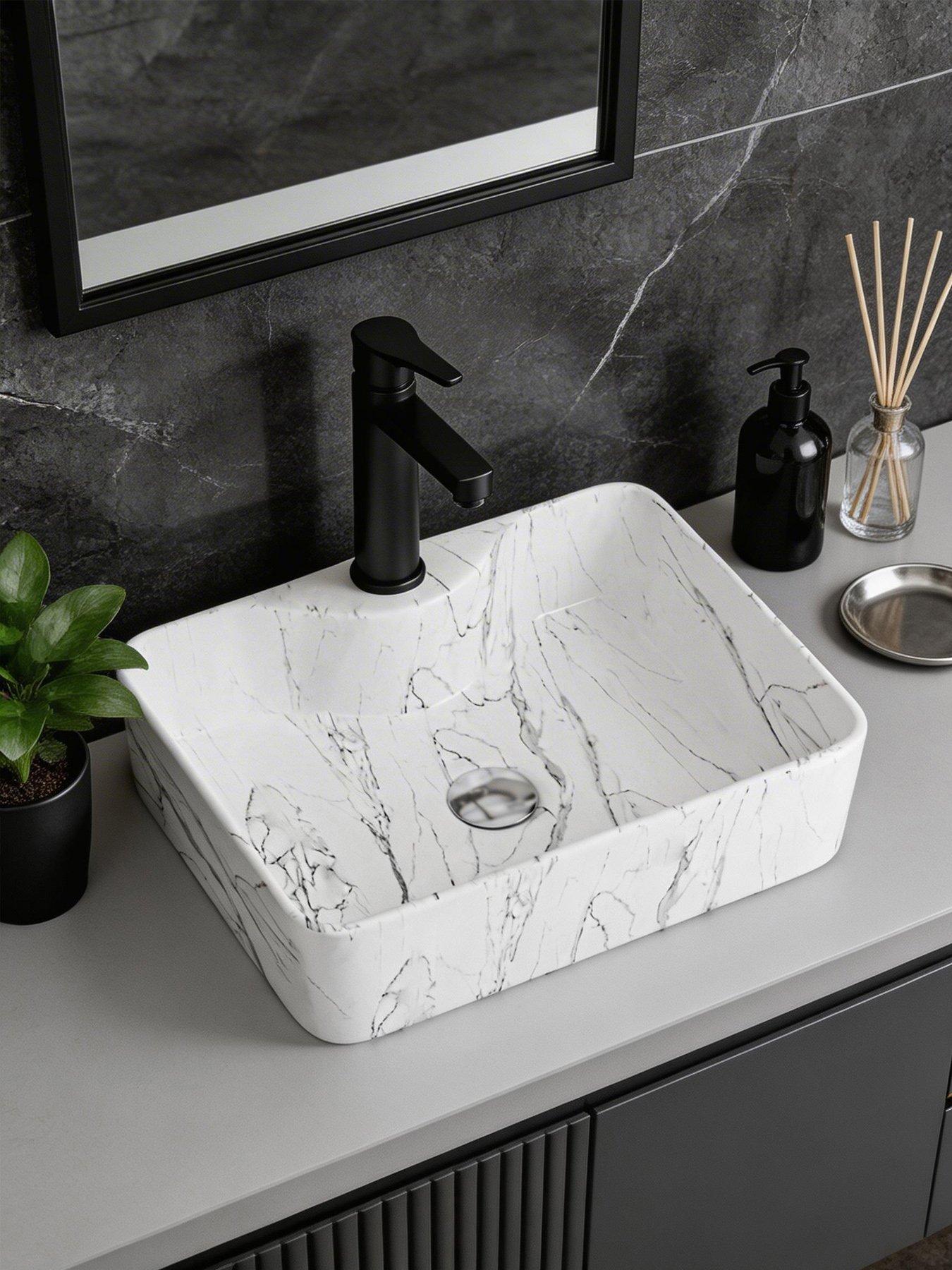 Living and Home Rectangular White Ceramic Marble Effect Texture Countertop Basin Bathroom Sink W 480mm X D 370mm