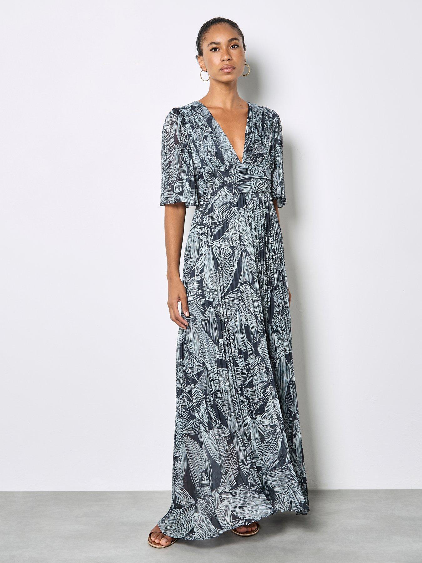 Image 3 of 4 of Apricot Floral Chiffon Pleat Maxi Dress - Blue