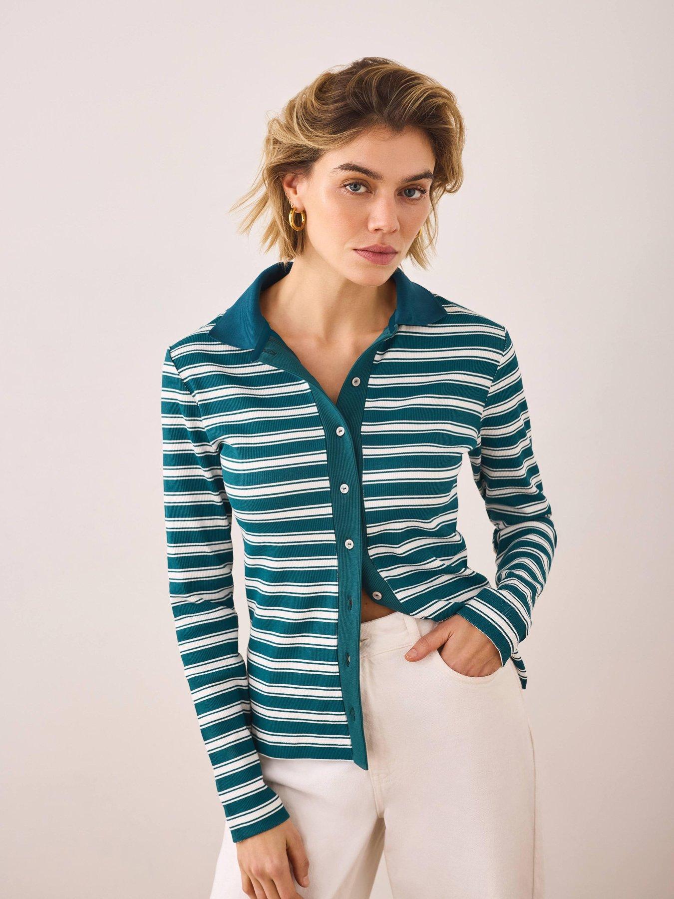 Image 2 of 6 of Mint Velvet Stripe Polo Top - Green