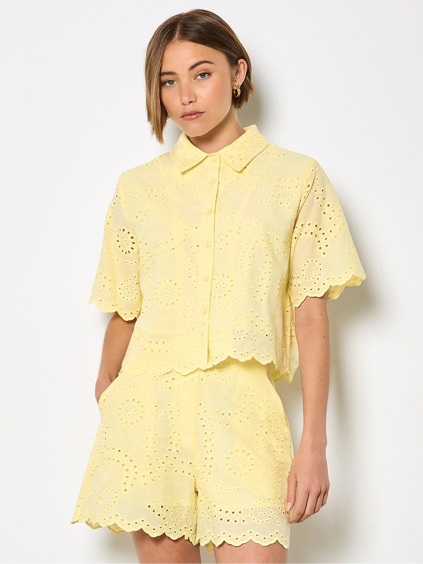 Apricot Scallop Edge Embroider Shirt, Yellow, Size S, Women
