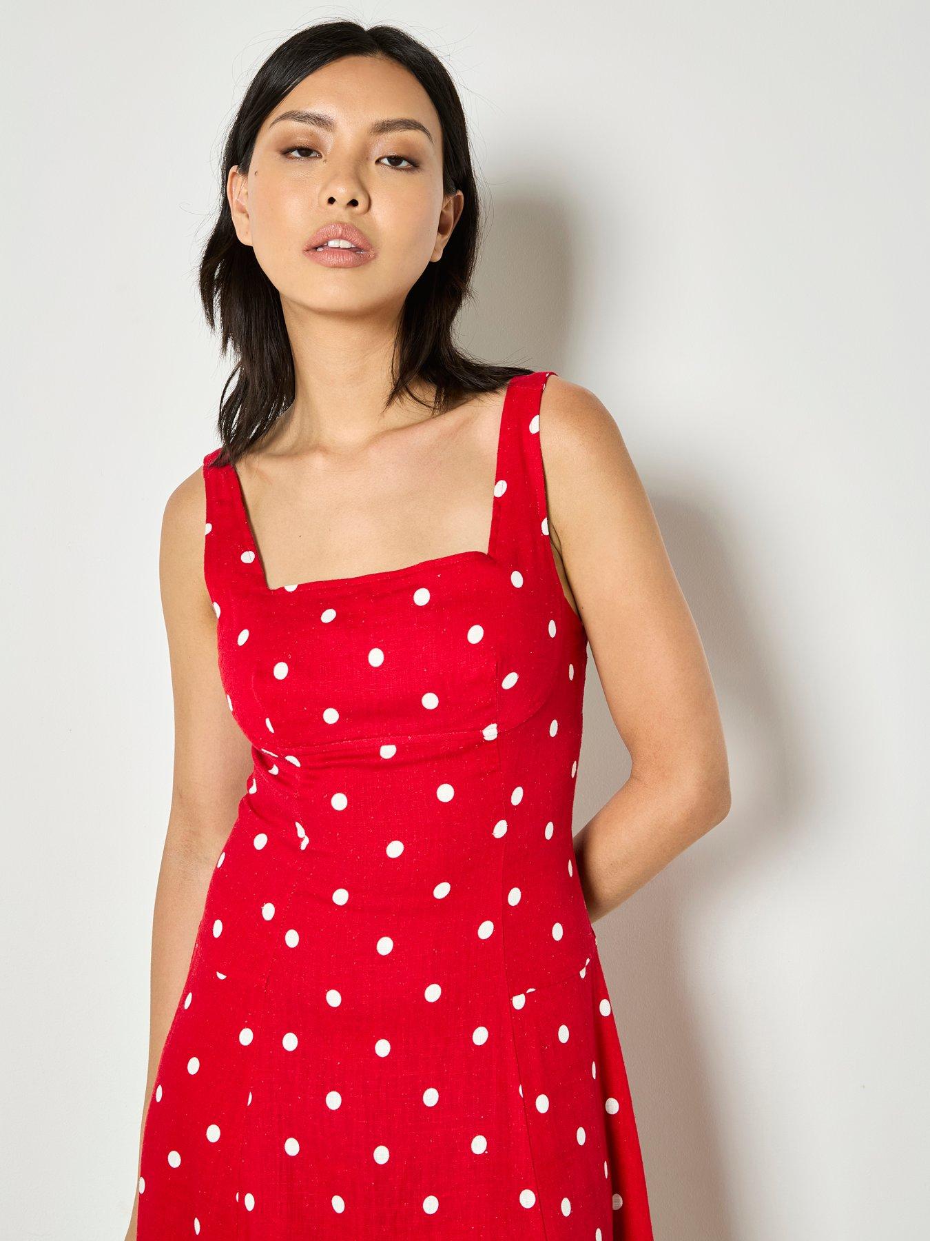 Apricot Polka Dot Square Neck Midi Dress - Red