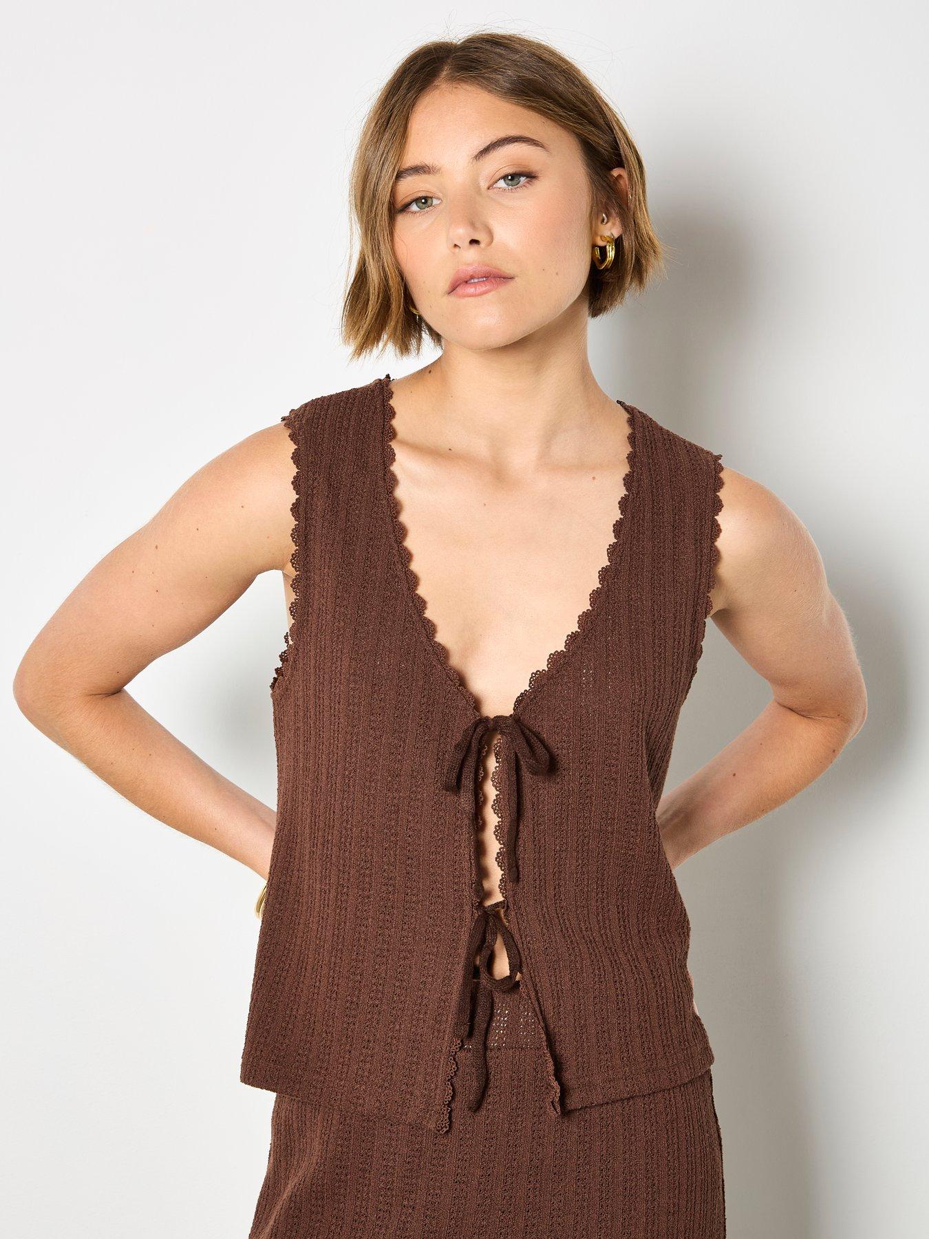 Apricot Tie Up Pointelle Top - Brown