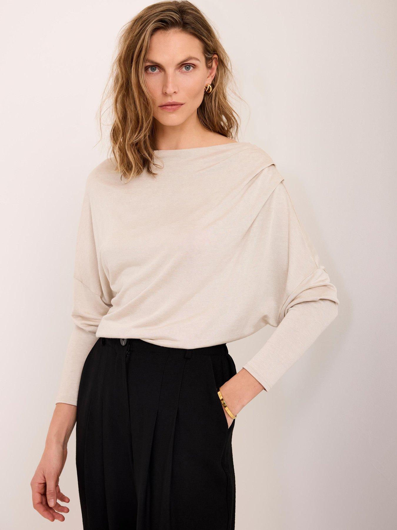 Mint Velvet Neutral Metallic Ruched Long Sleeve Top - Cream